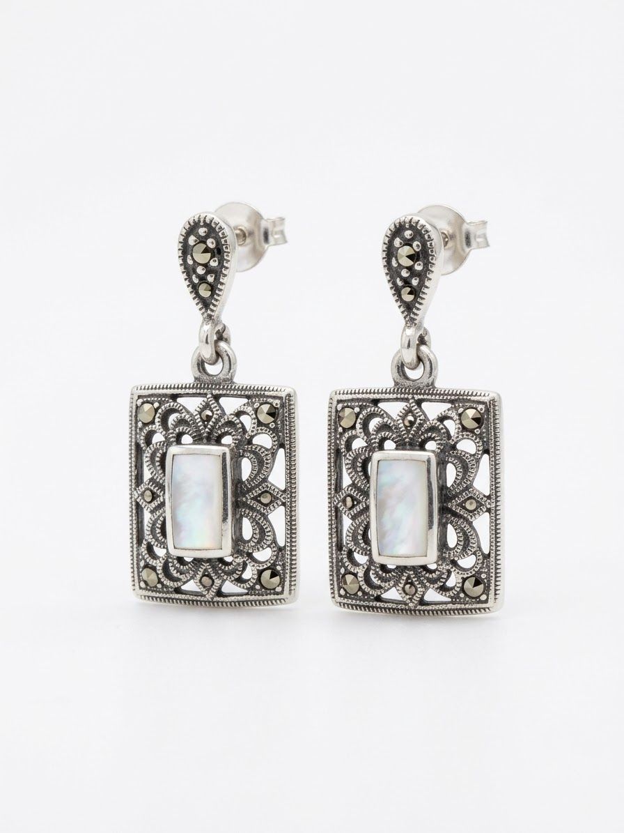 Aretes Colgantes de Plata de Ley con Cuadro de Marquesita y Centro de Madreperla