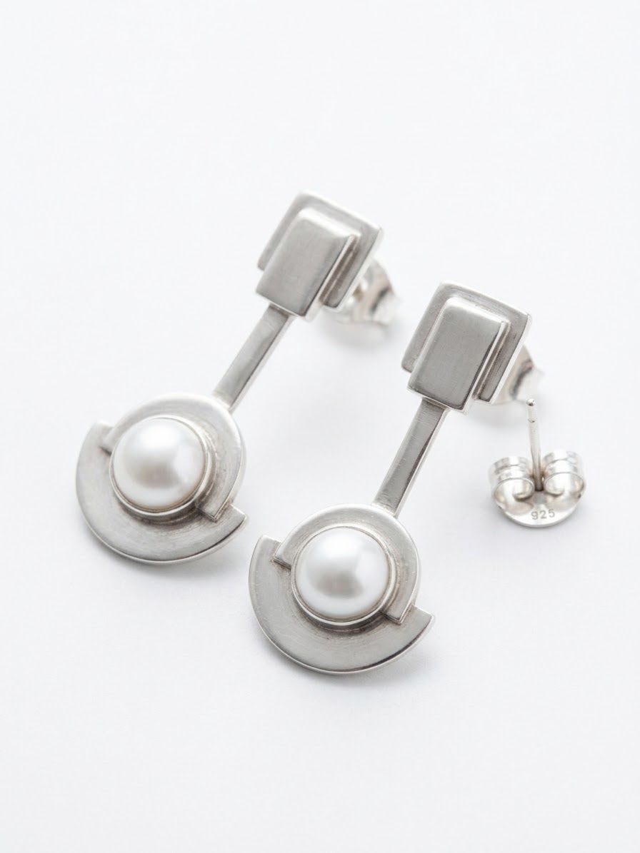 Aretes de Plata de Ley Colgantes con Componentes Geométricos y Perla Blanca