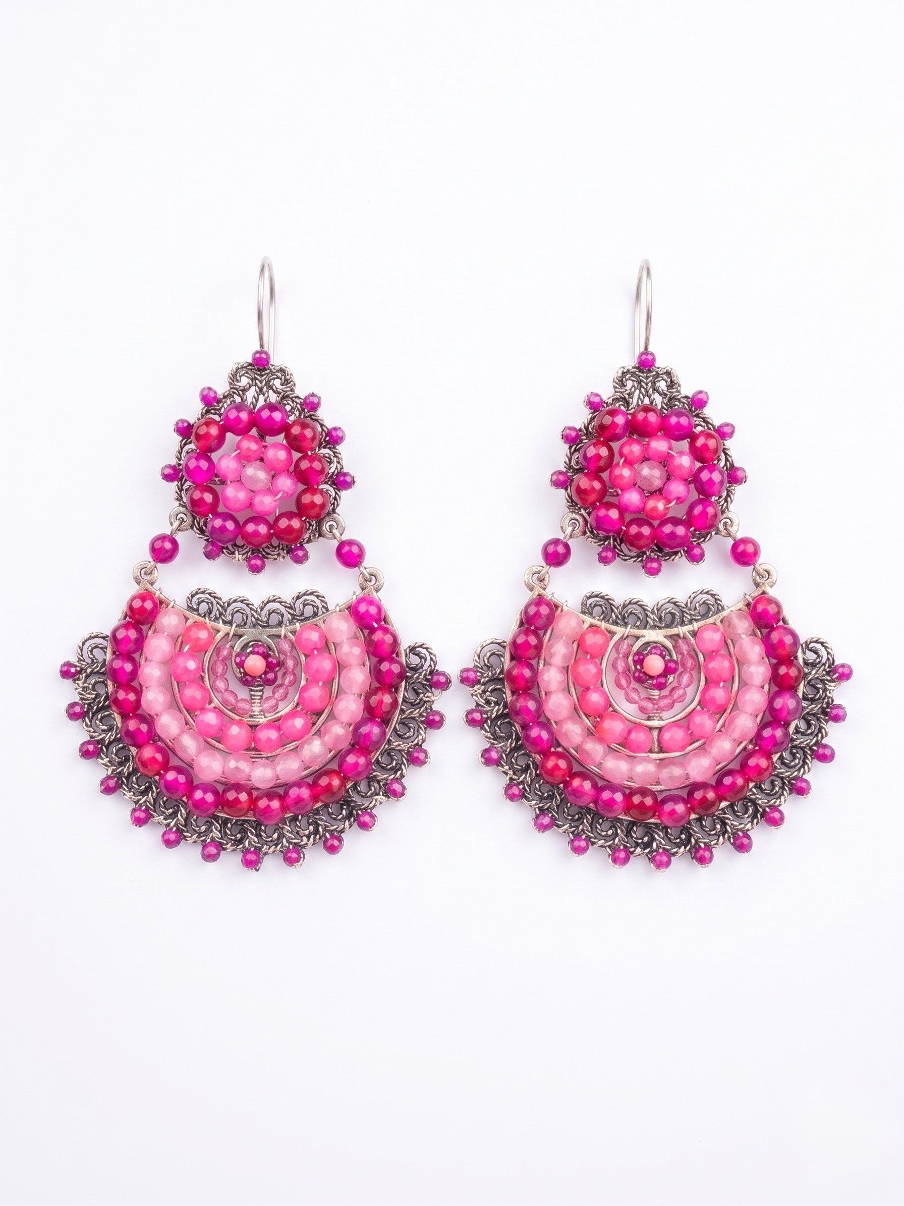 Aretes de Filigrana Mándala en Plata con Ágatas Fucsia y Cuarzos Rosas