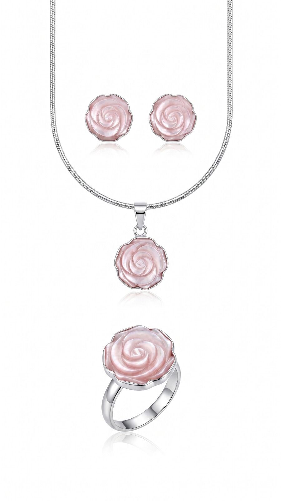 Juego de Dije, Aretes y Anillo de Rosa Tallada en Madre Perla Rosada