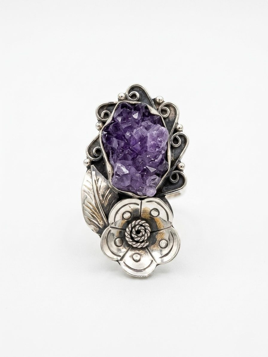 Anillo Ajustable de Amatista y Flor en Plata Repujada