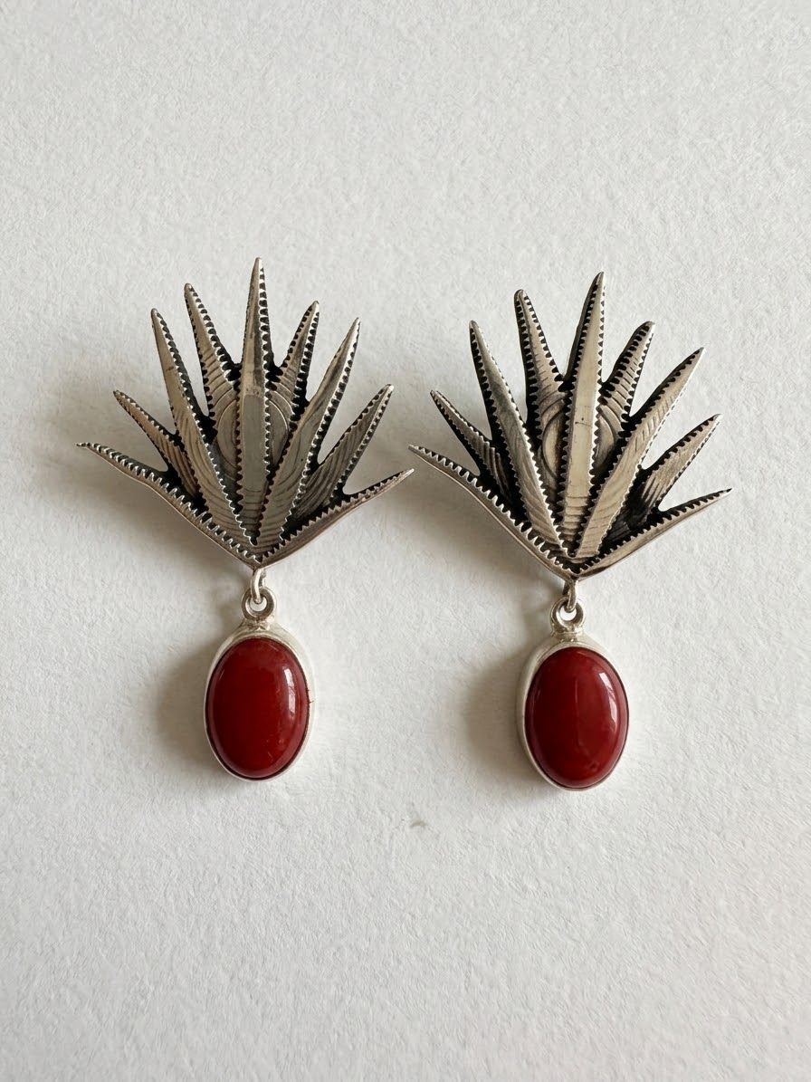 Aretes de Plata de Ley Estilo "Agave" con Piedra de Coral Rojo Natural