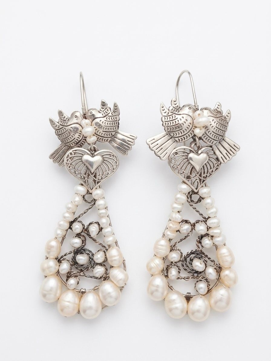 Aretes de Filigrana de Gota de Perla con Pajaritos Enamorados