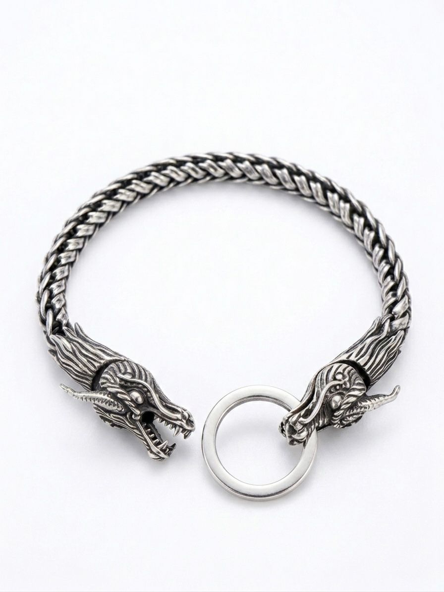Pulsera de Caballero de Cadena de Trigo Estilo Bali con Cabezas de Quetzalcóatl