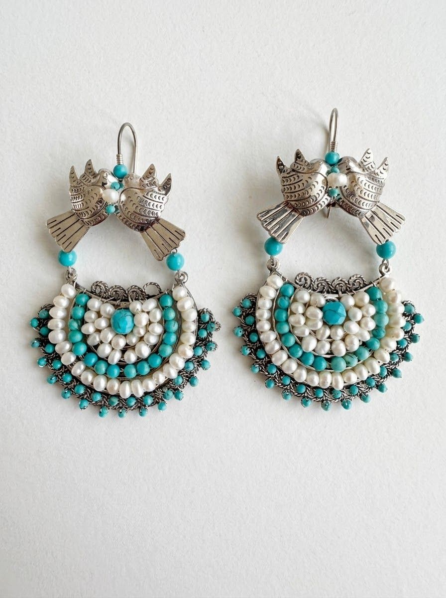 Aretes de Plata "Canasta de Pajaritos" con Tejido Mándala en Perla y Turquesa