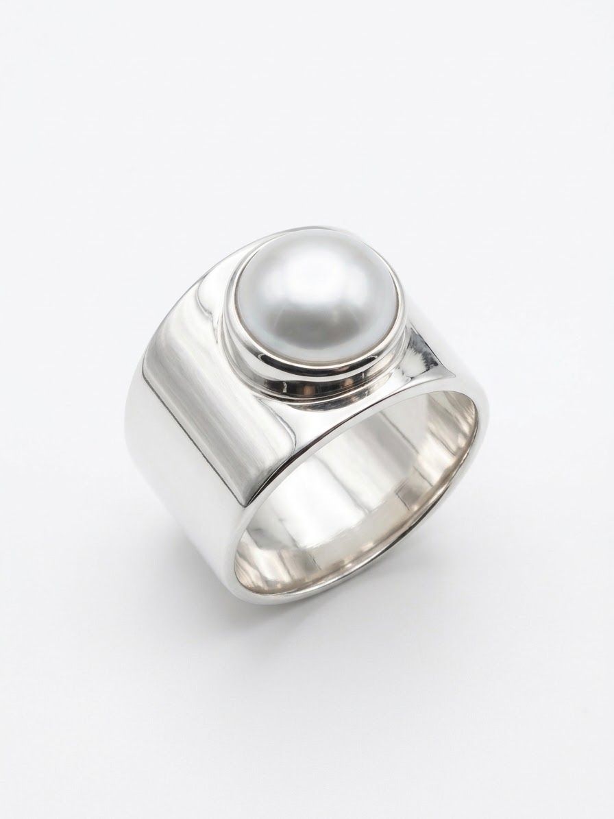 Anillo Ancho de Plata de Ley Pulida con Perla Natural Central en Bisel Liso