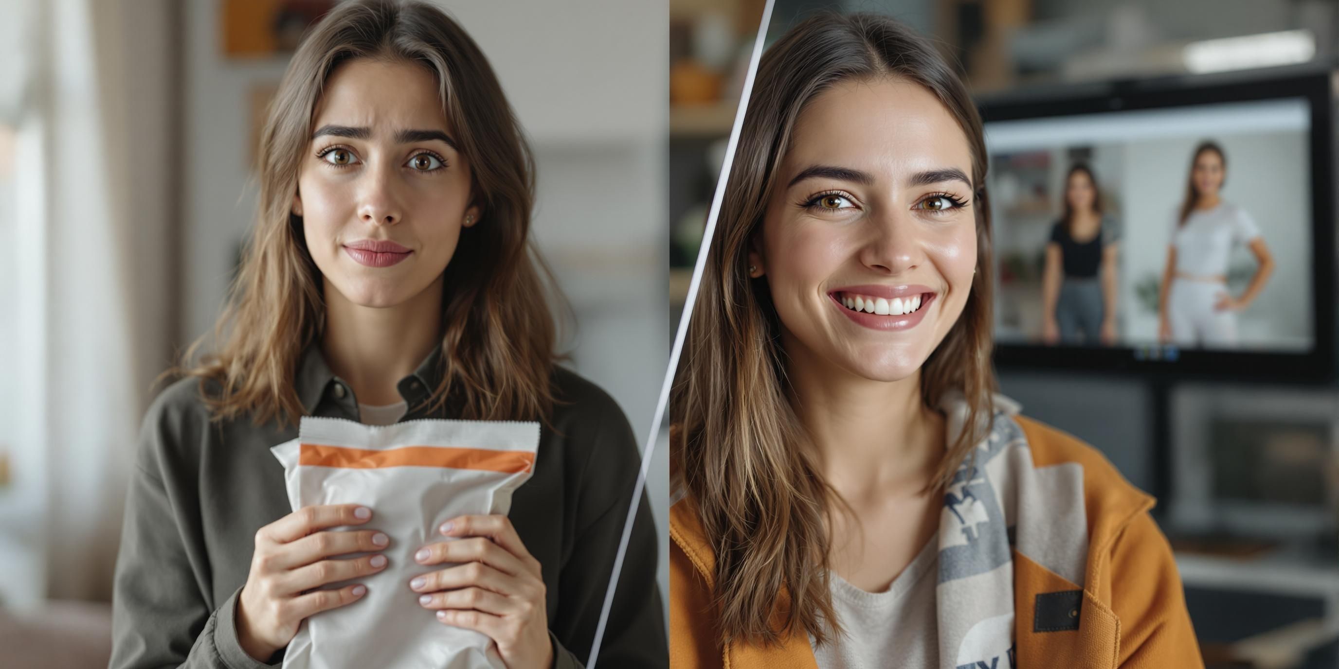 An image in which One half shows a woman in her 20's looking sad holding a dress. The other half shows the same person smiling and confidently looking at a screen showing a virtual try-on website