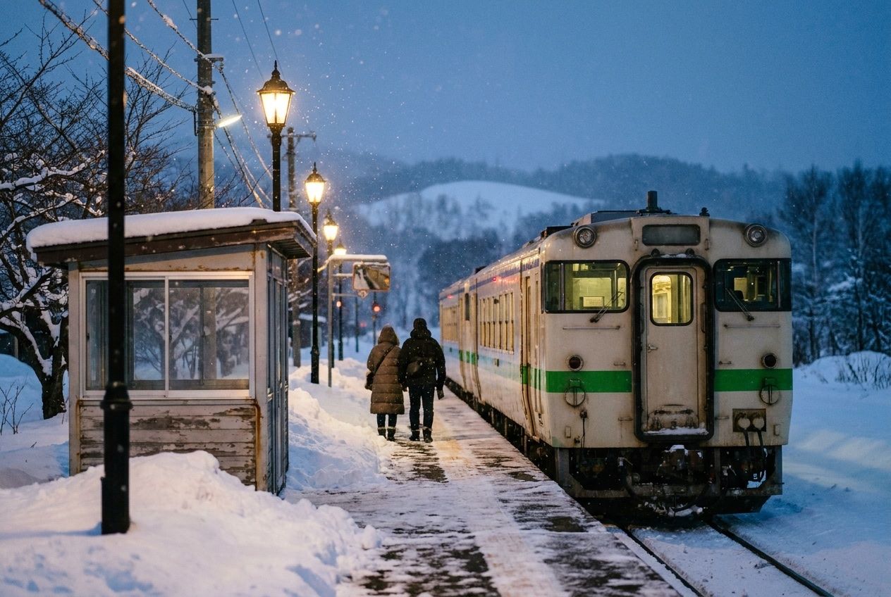 รถไฟท้องถิ่นจอดที่ชานชาลาสถานีเล็กๆ ในฮอกไกโดยามหิมะตก