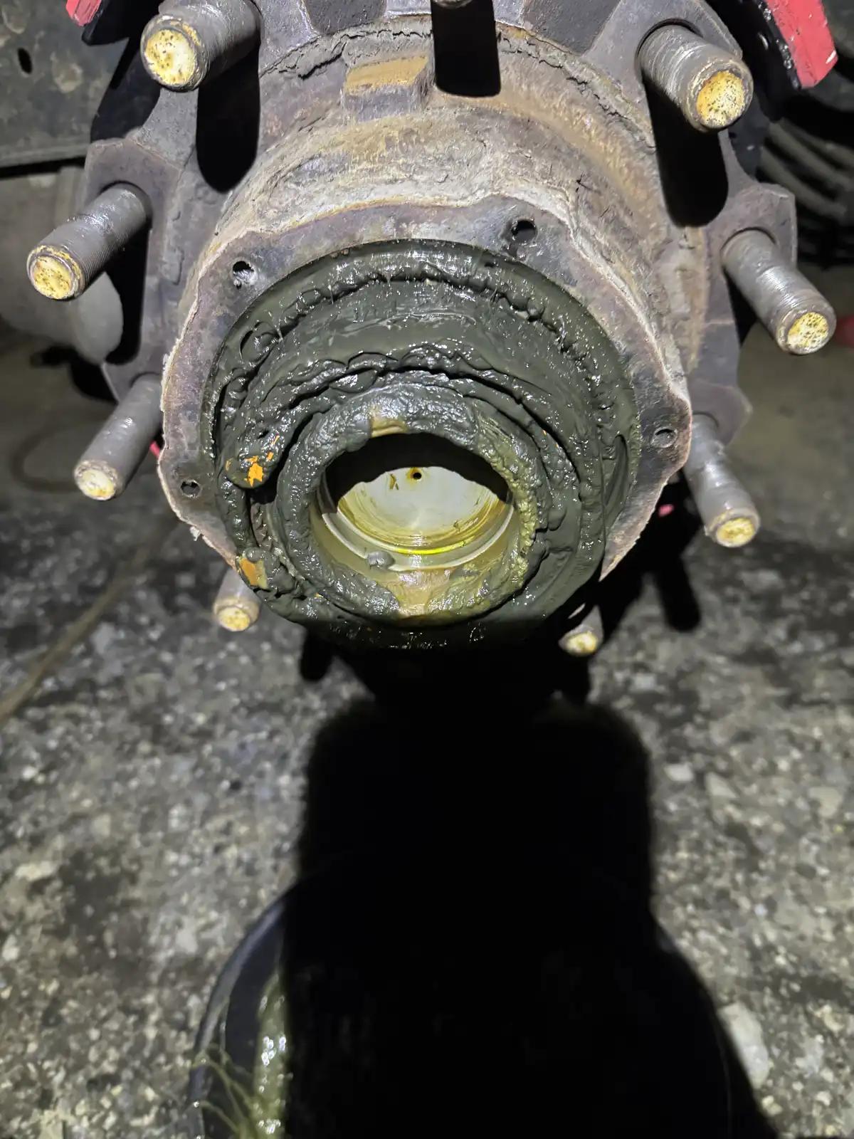Exposed wheel hub assembly during truck and heavy equipment service