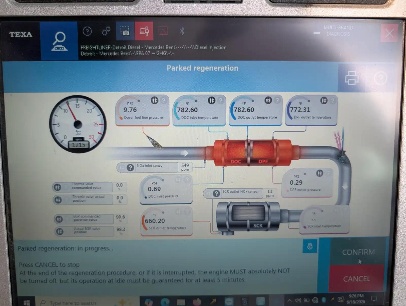 Diagnostic fuel management screen during truck and heavy equipment service