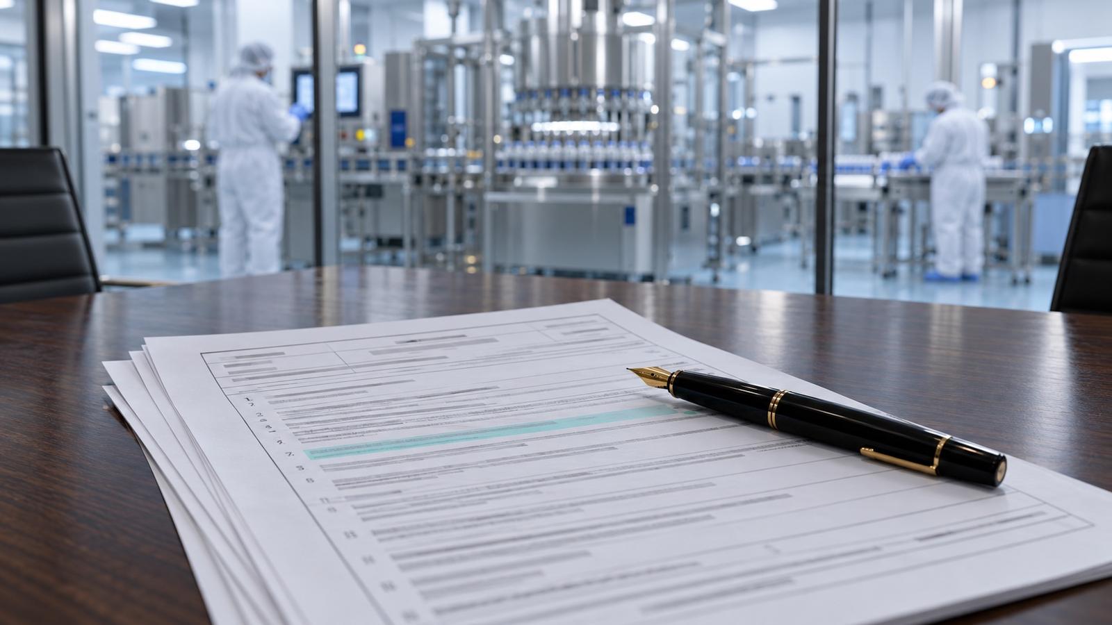 A Form 483 on a conference table, with a pharmaceutical filling line behind glass.