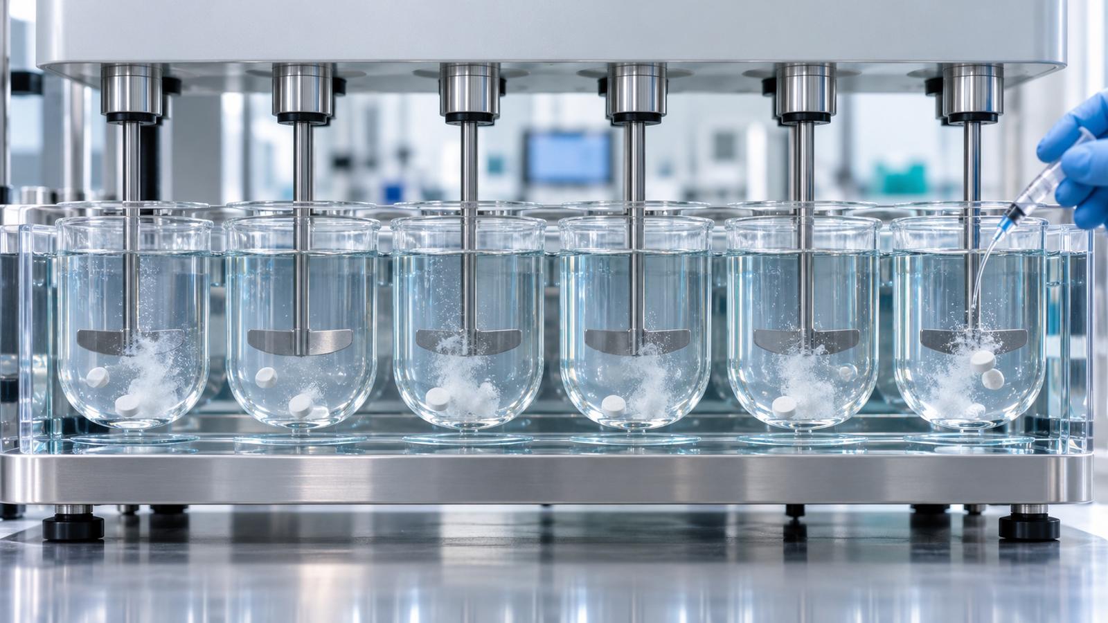 Six dissolution vessels with paddles and dissolving tablets in a QC laboratory water bath.