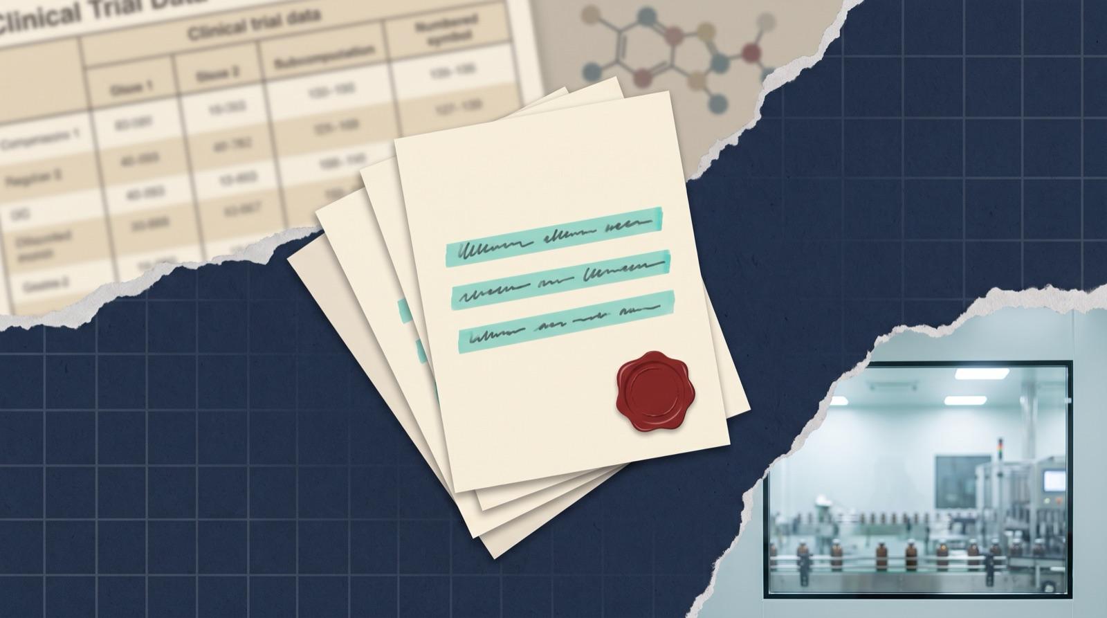 A stack of refusal letters with the same three lines highlighted on each, the clinical data faded into the background and a filling line in focus.