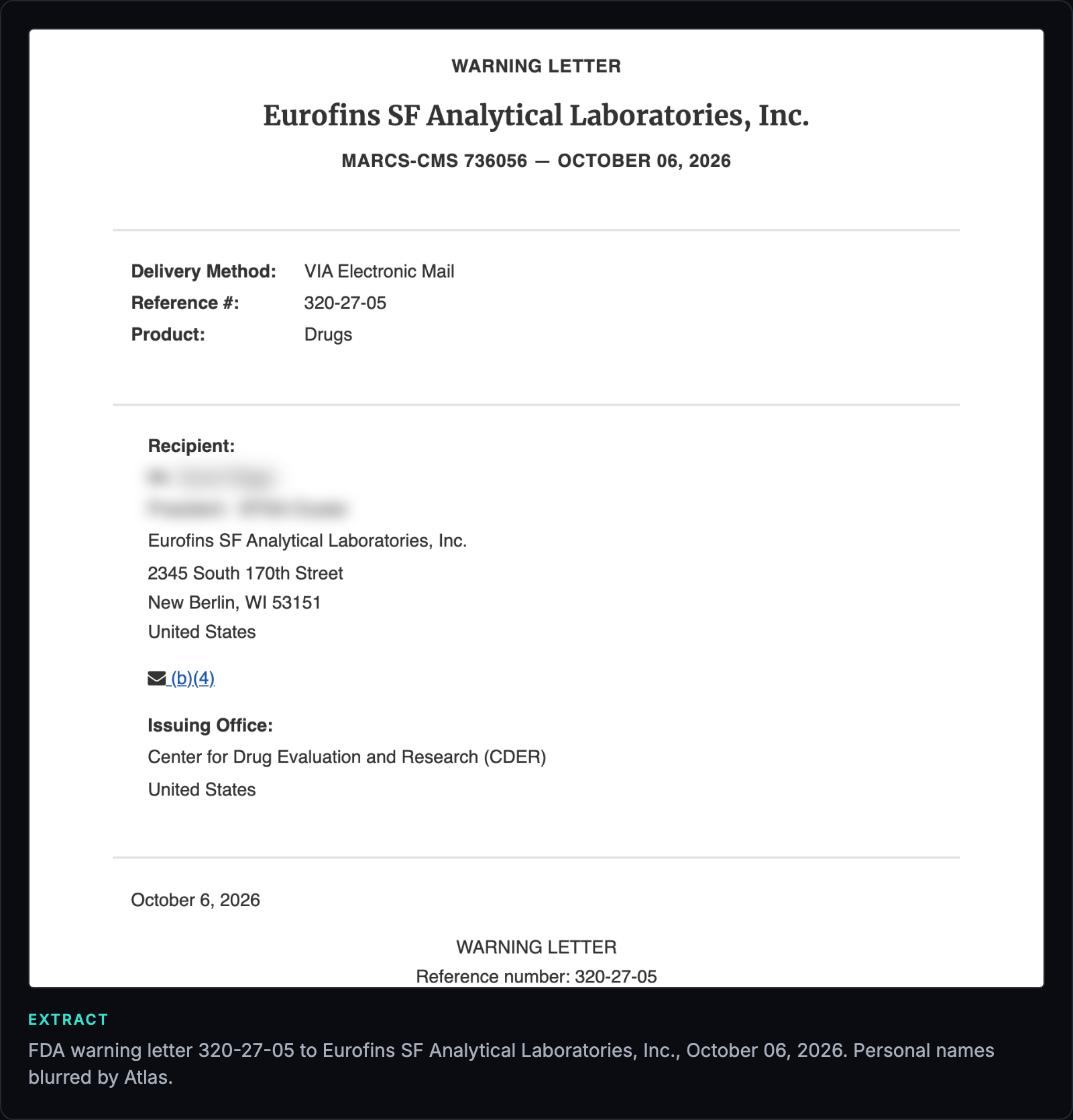 Extract from FDA warning letter 320-27-05 to Eurofins SF Analytical Laboratories, Inc., October 6, 2026, with personal names blurred.