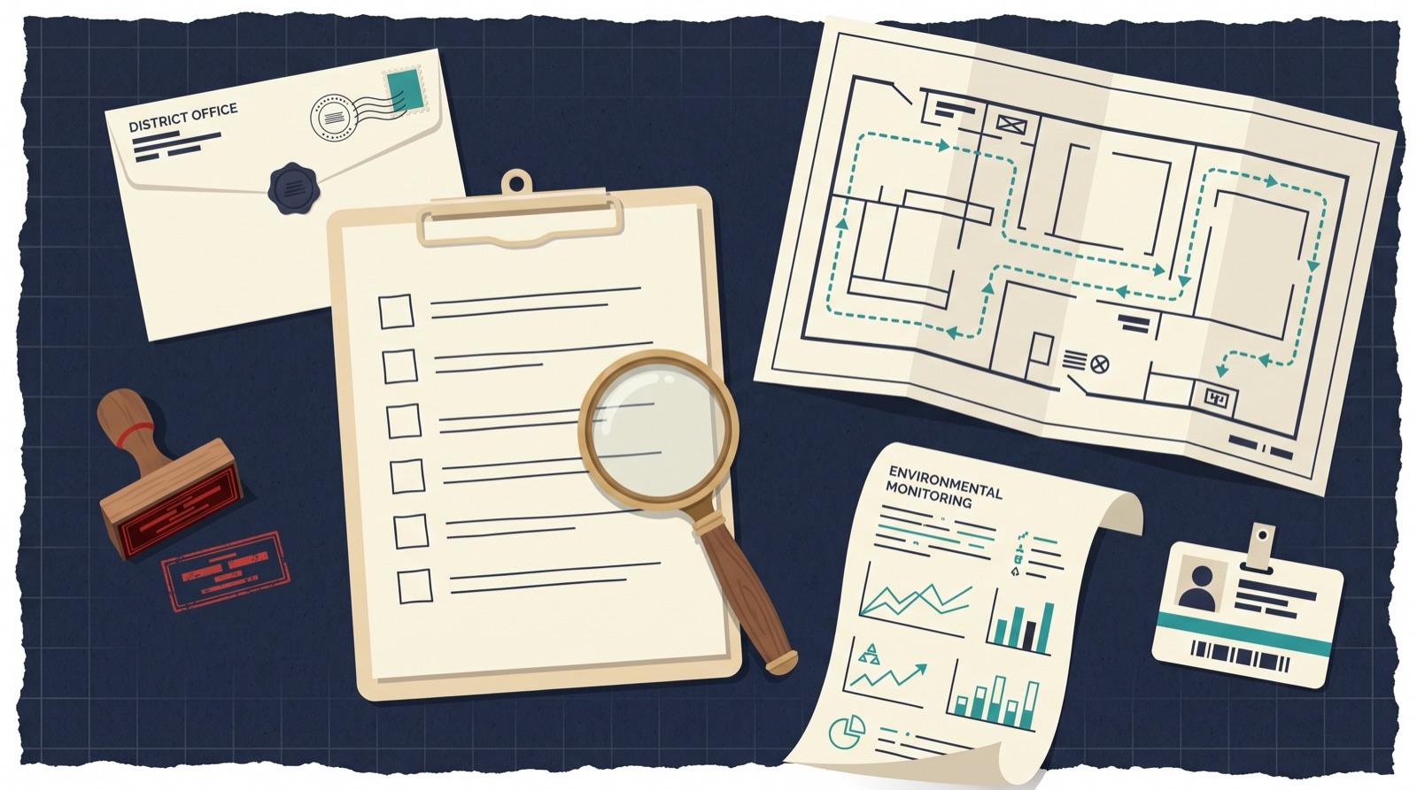 A clipboard with six empty check boxes surrounded by a district office envelope, a facility floor plan with inspection routes, an environmental monitoring printout and an access badge.