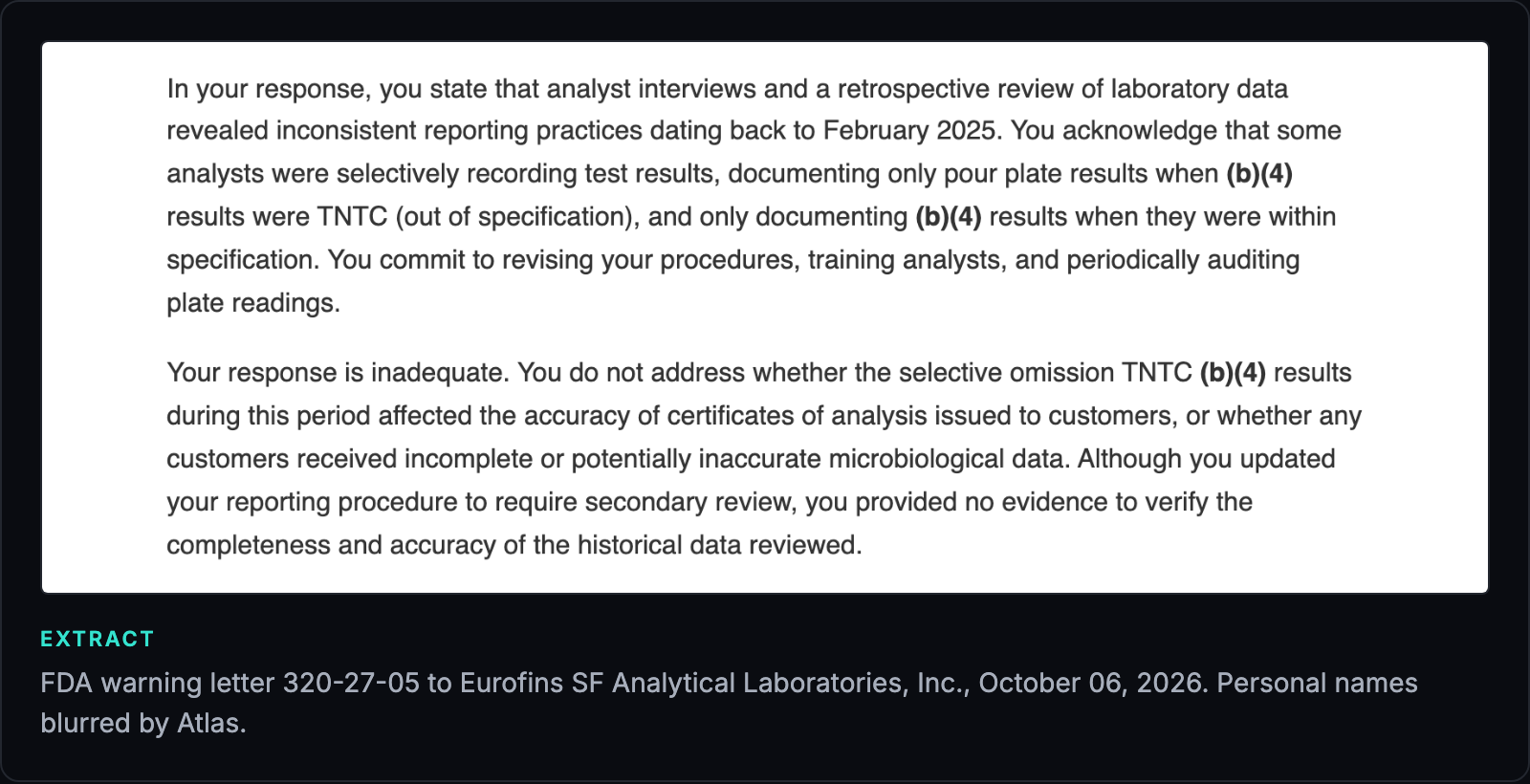 Extract from FDA warning letter 320-27-05 to Eurofins SF Analytical Laboratories, Inc., October 6, 2026, with personal names blurred.