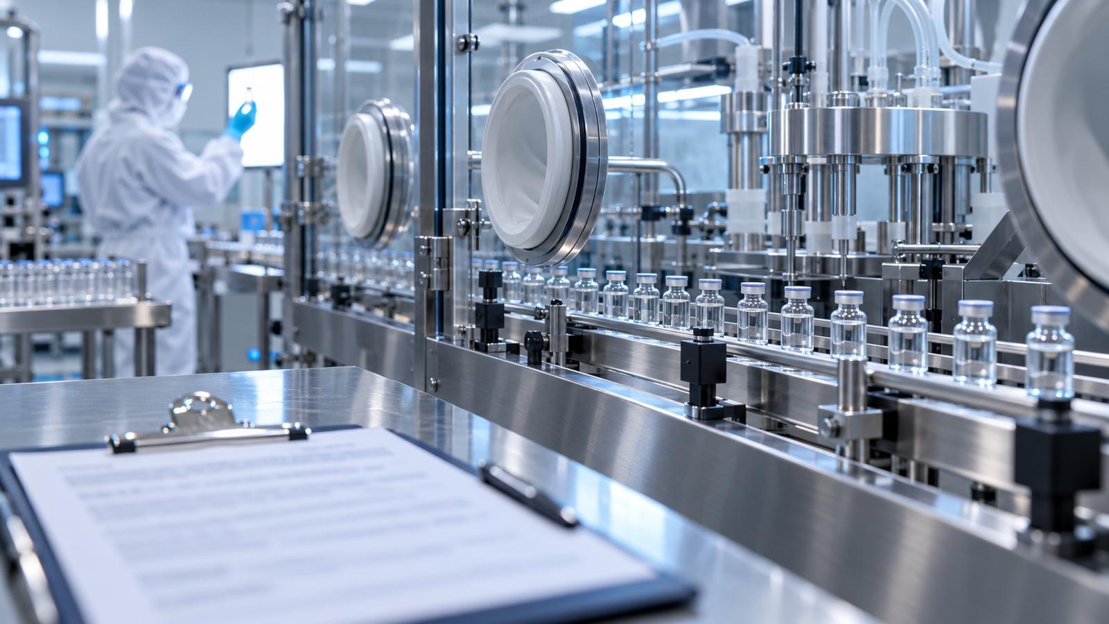A sterile vial filling line behind isolator glass, with a printed FDA letter on a clipboard in the foreground.