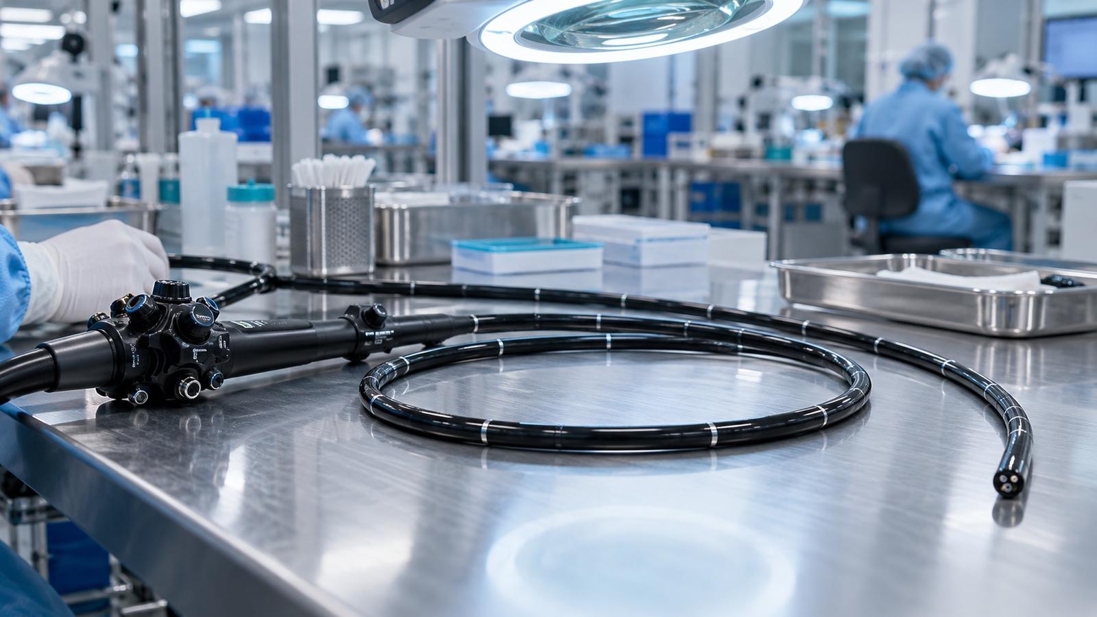 A flexible endoscope insertion tube on a stainless steel inspection bench in a device cleanroom.