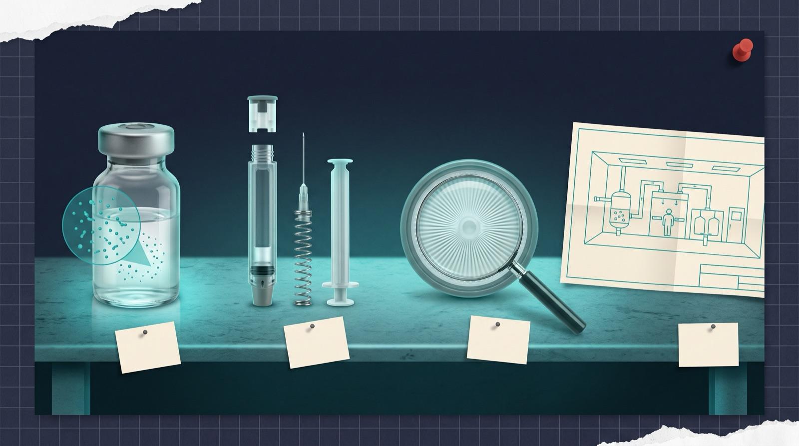 A vial with particles leaching from its stopper, an auto-injector taken apart, a sterile filter under a magnifying glass and a process line schematic, laid out like evidence.
