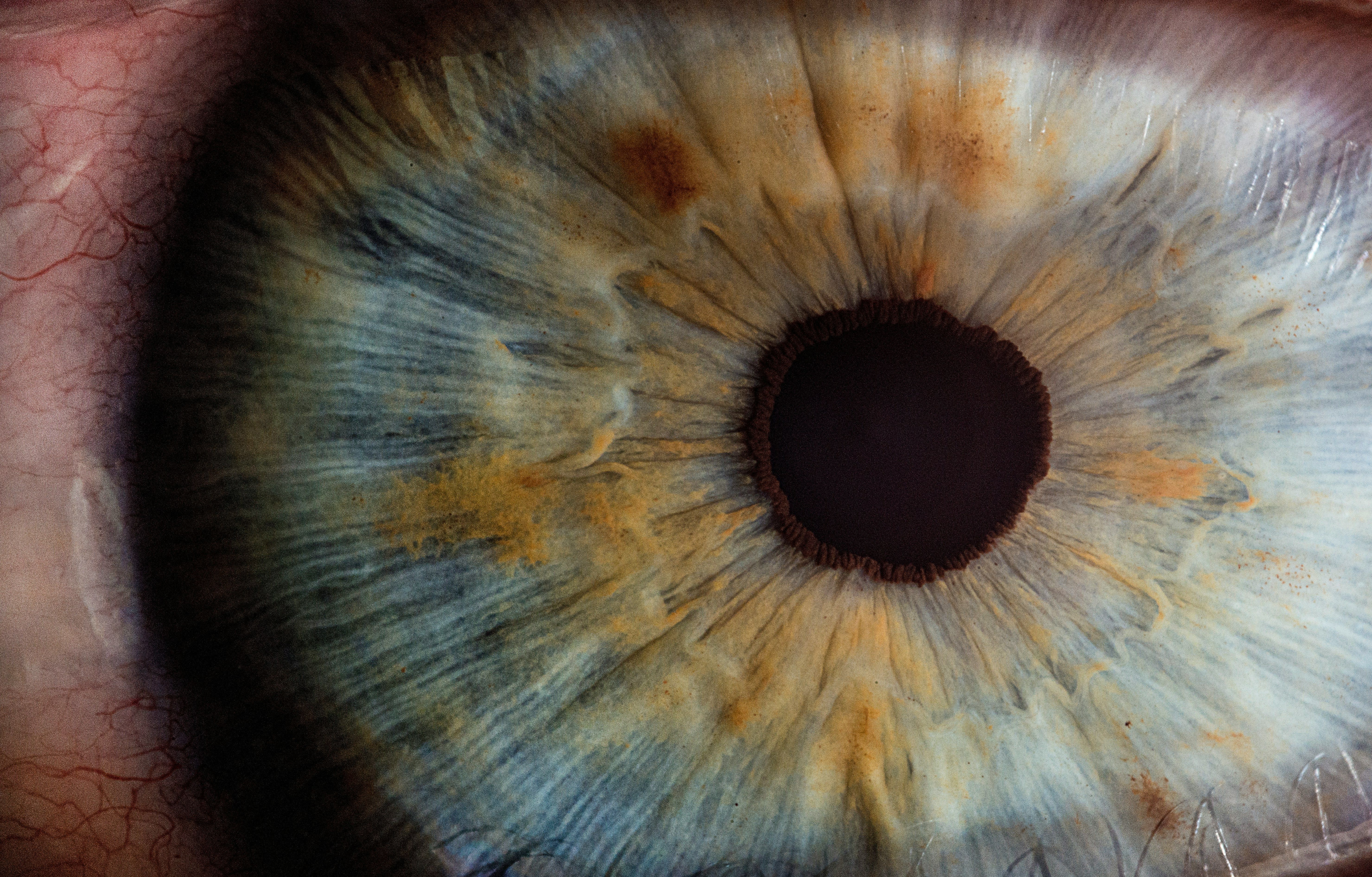 Extreme close-up of a blue-green eye with amber flecks, showing how vision problems can affect a New Jersey DWI field sobriety test