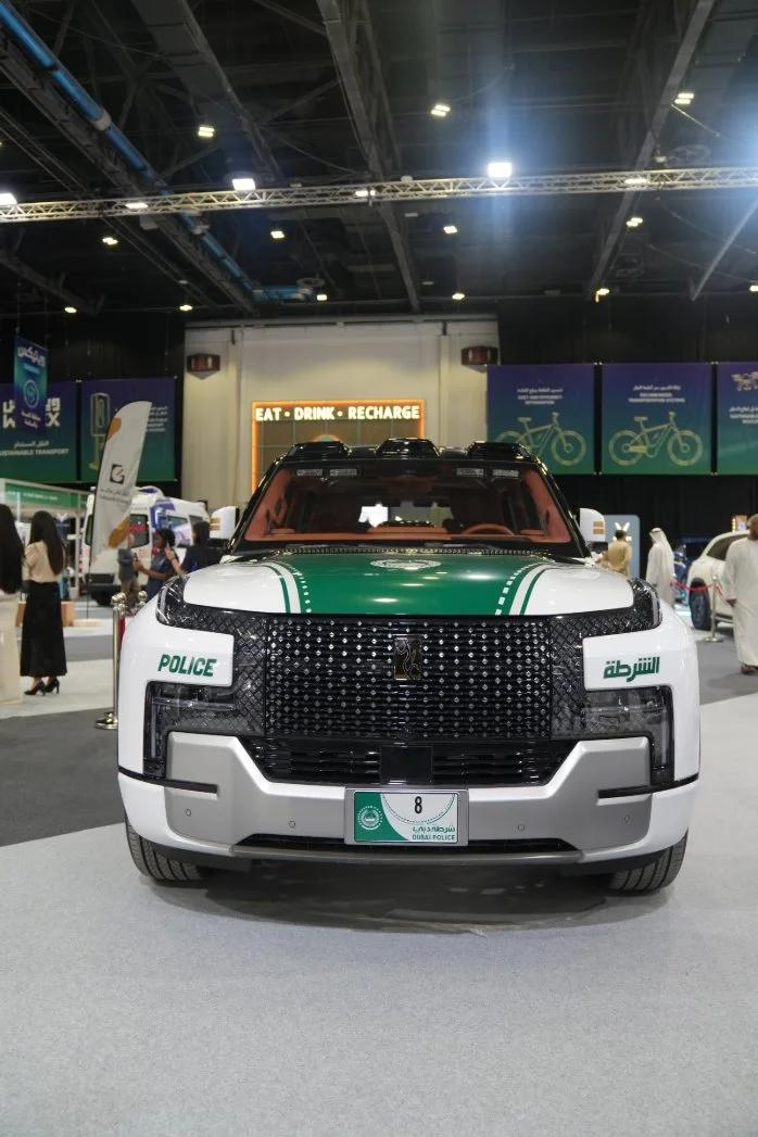 Front of the Dubai Police BYD Yangwang U8 in green and white police livery on display at WETEX 2026