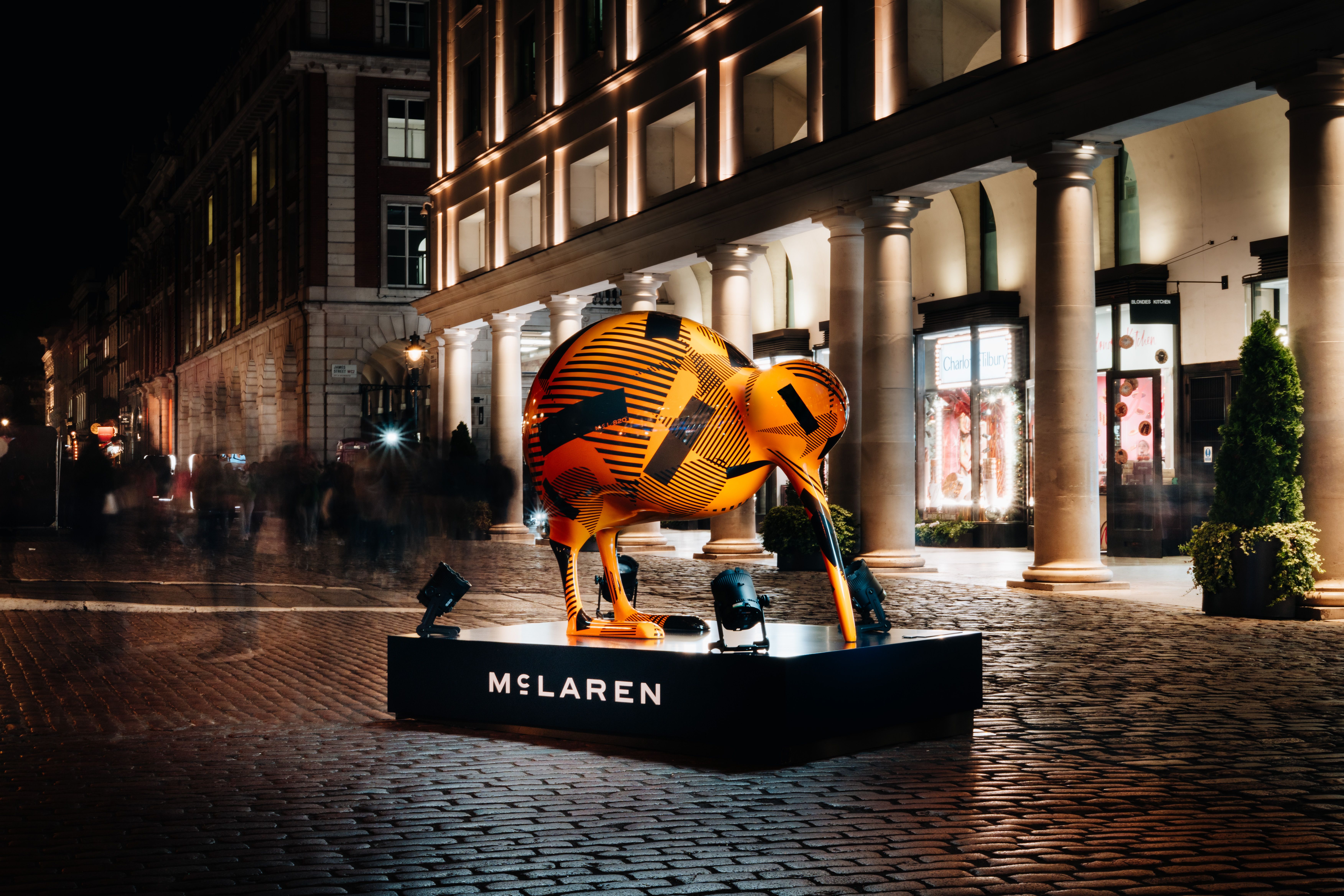 McLaren kiwi statue in camouflage in Covent Garden, London