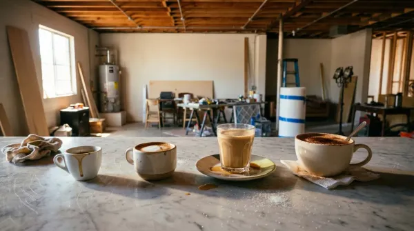 Four espresso drinks on a marble counter at Moon Wolf Provisions, Richardson TX — espresso, macchiato, cortado, and americano