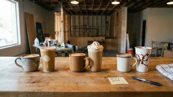 A lineup of Moon Wolf lattes on a wooden bar — the drinks the trailer brings to your Dallas event