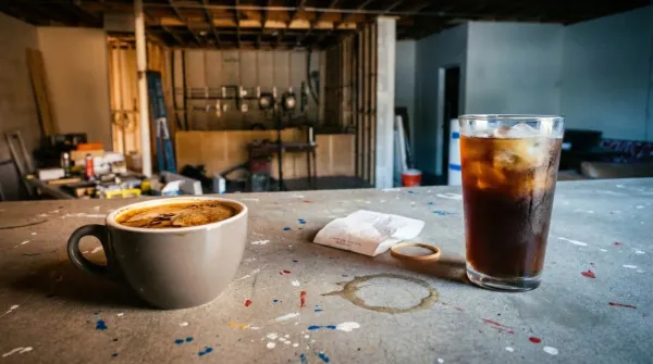 A latte and a cold brew side by side on the bar at Moon Wolf Provisions, Richardson TX — two drinks that look similar and read different