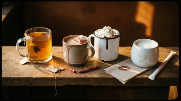 Hot tea, hot chocolate, and a chai latte in mismatched mugs on a sunlit wood bar at Moon Wolf Provisions, Richardson TX — what a slow Richardson morning looks like