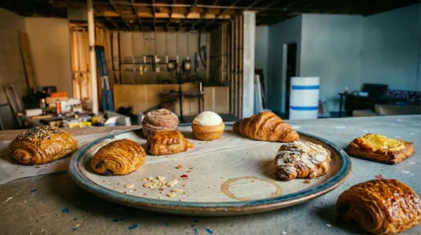 Pastries on a ceramic plate at Moon Wolf Provisions, Richardson TX — the natural pairing for a cortado on the bar