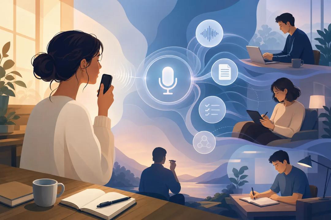Person speaking a voice note into a phone while AI organizes it into transcripts, tasks, and connected notes