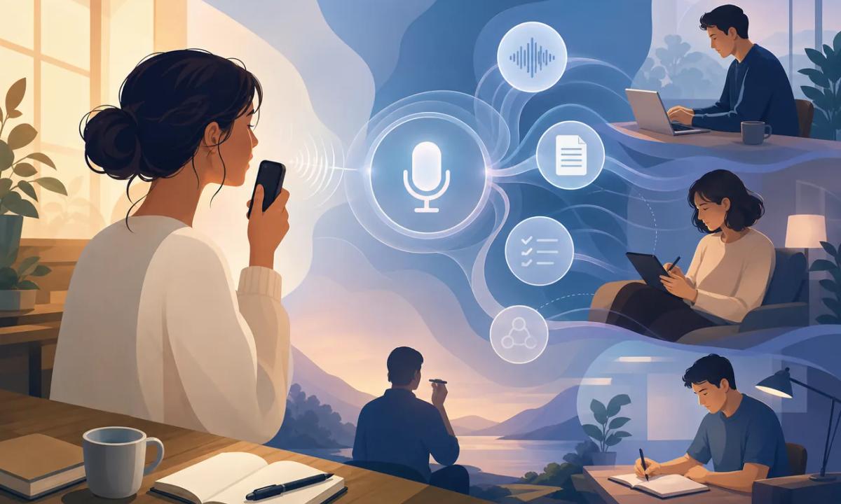 Person speaking a voice note into a phone while AI organizes it into transcripts, tasks, and connected notes