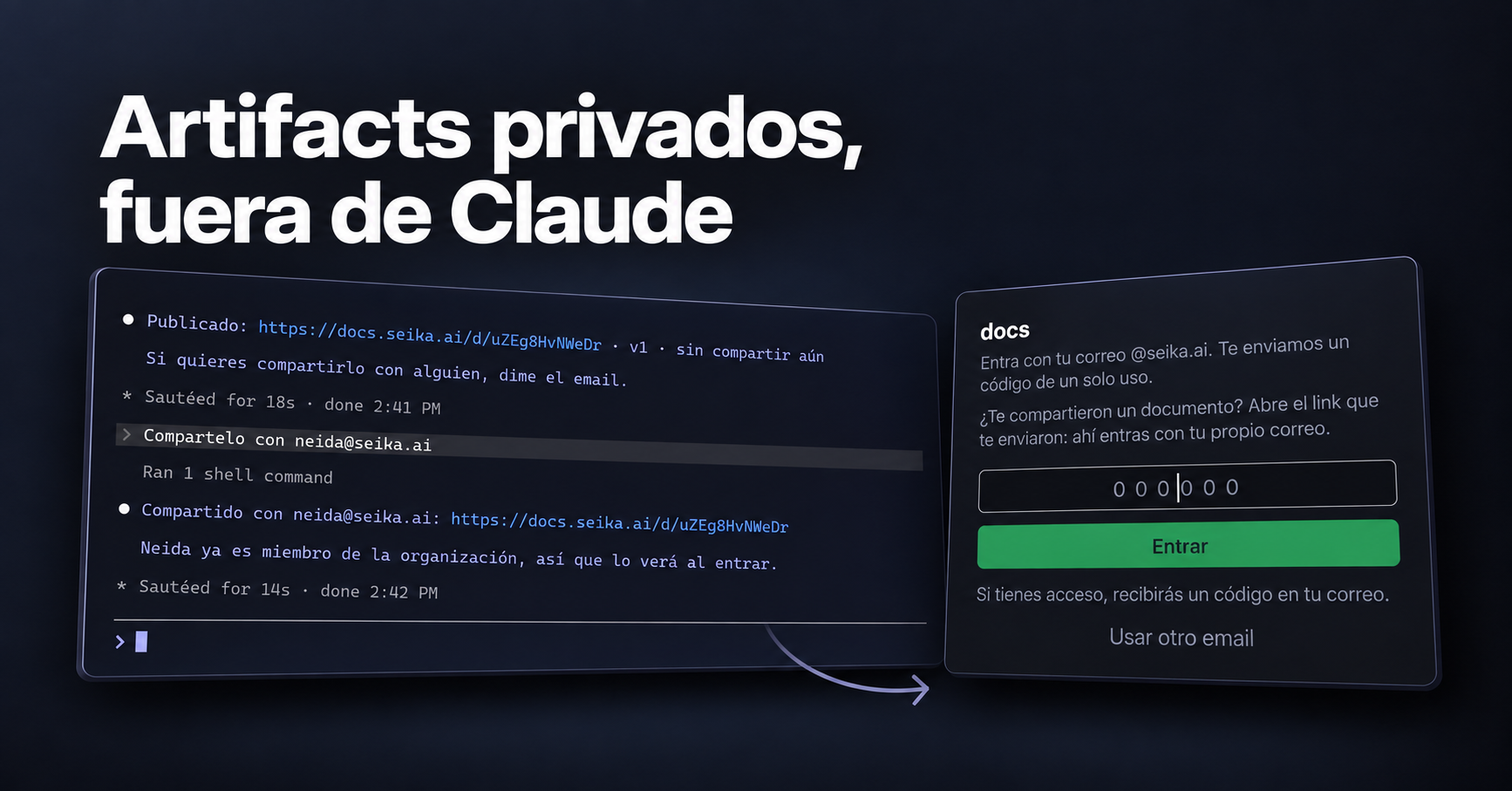 Ilustración de Seika Docs: al fondo, una terminal donde un agente de IA publica un documento y devuelve una URL privada; al frente, la pantalla de acceso de Seika Docs con email y código de un solo uso. Texto: "Artifacts privados, fuera de Claude".