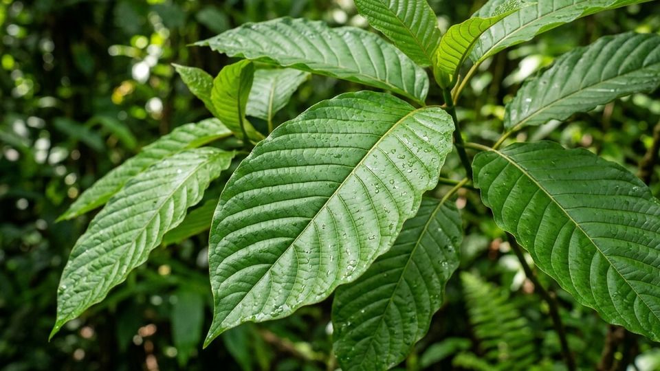 Fresh green kratom leaves growing naturally in a tropical rainforest environment