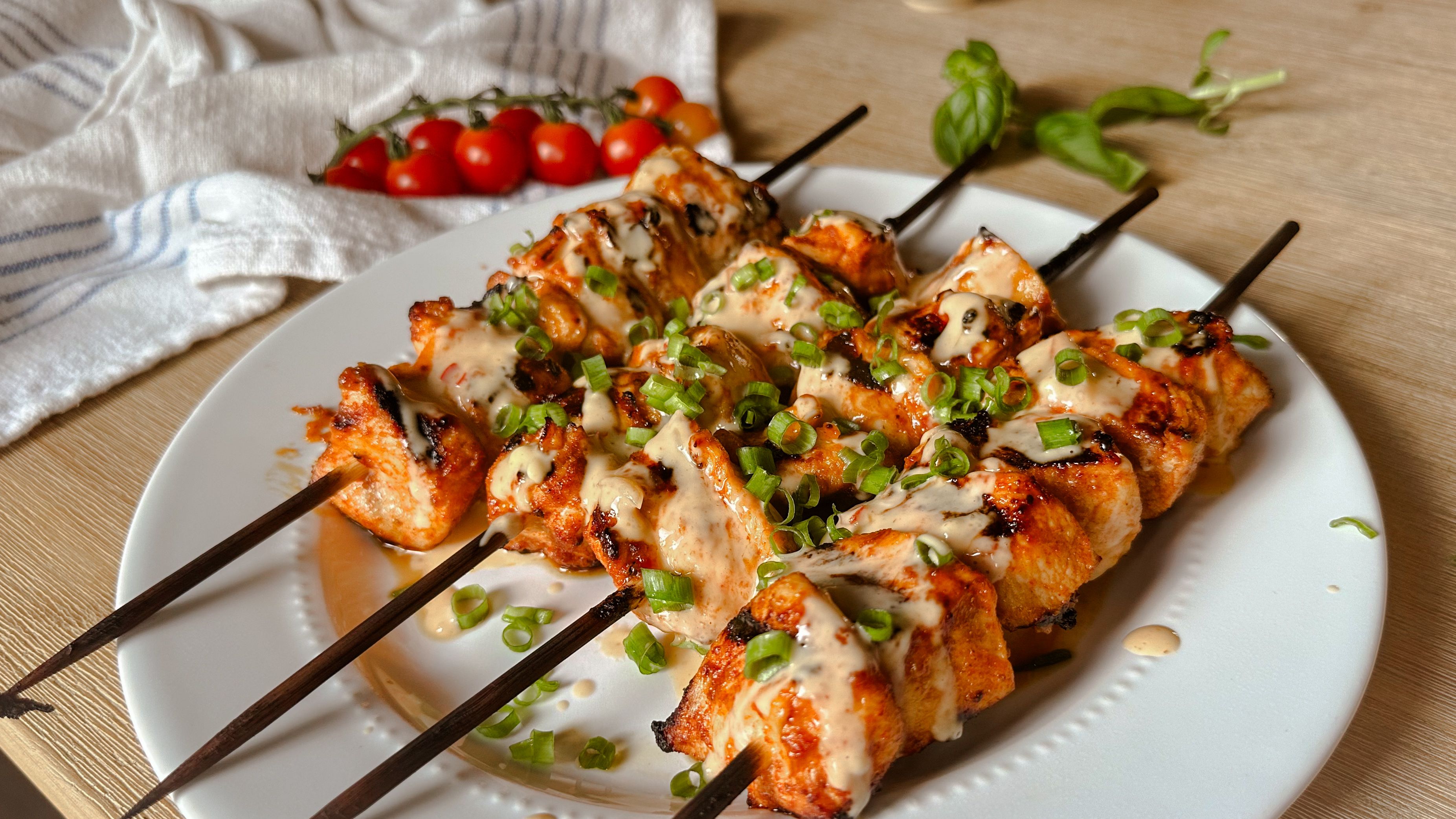 Bang Bang Grilled Chicken Skewers with Spicy Slaw