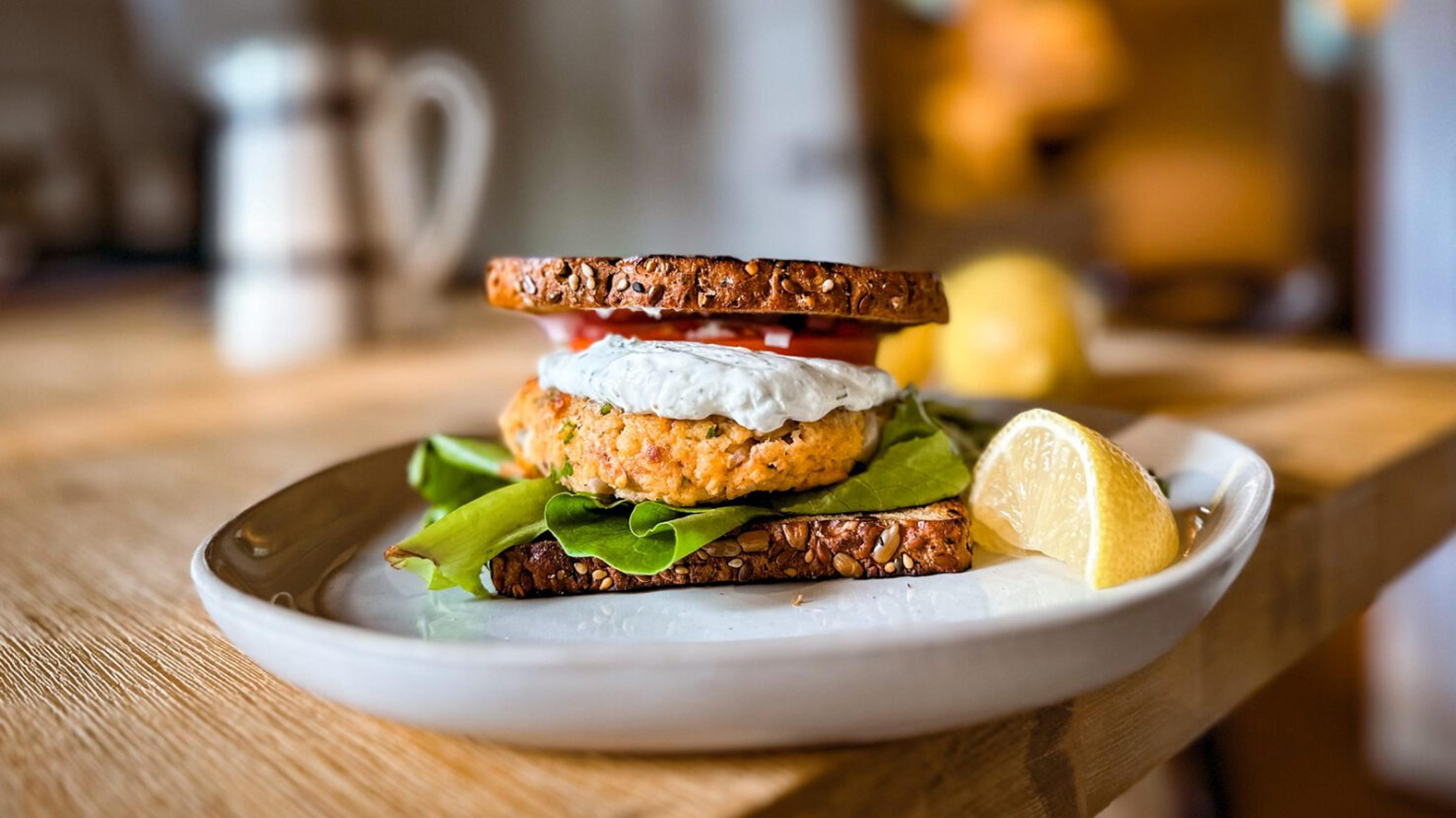 Salmon Burger with Lemon Dill Sauce Sandwich