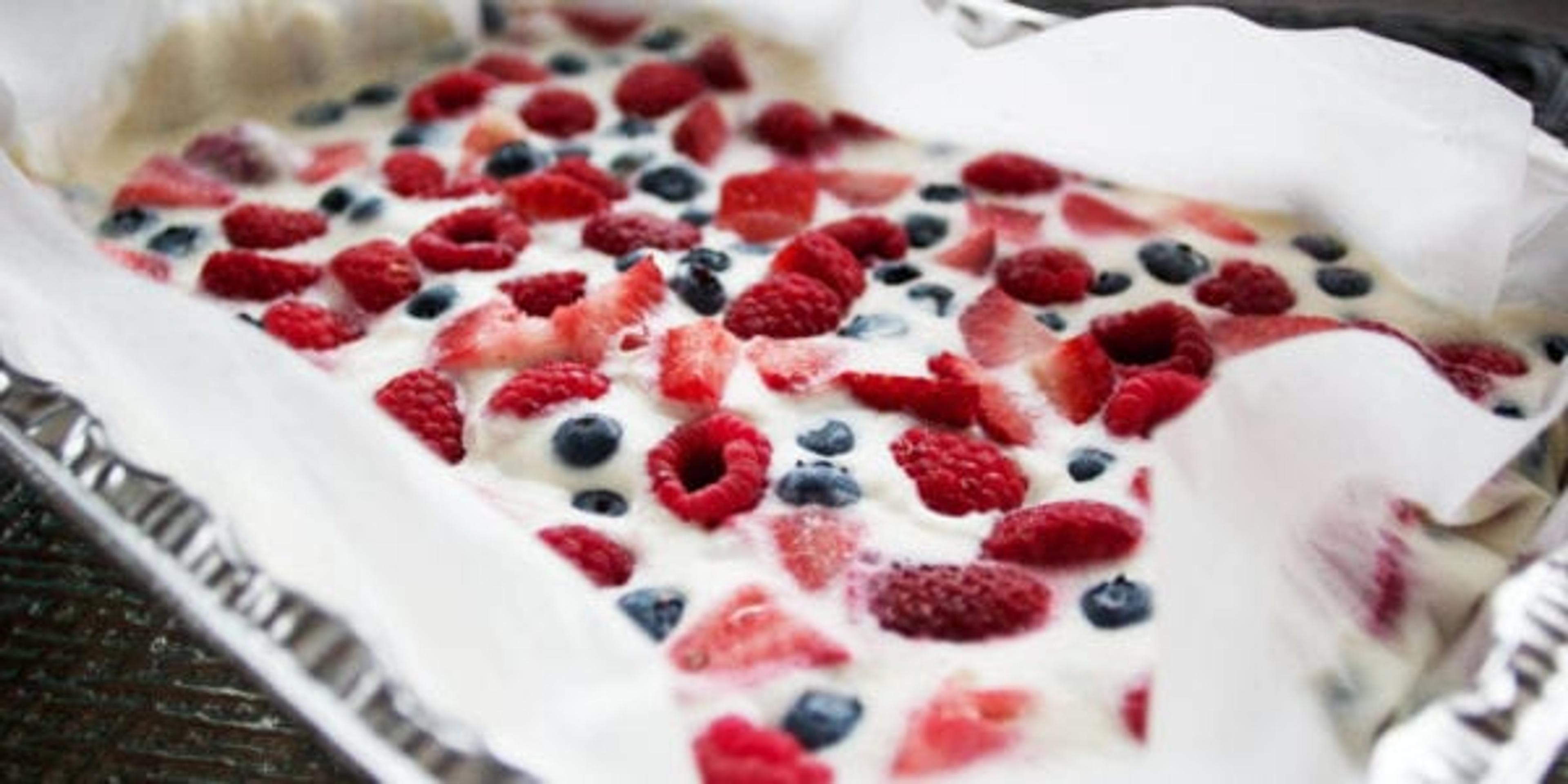 red, white and blueberry yogurt bark