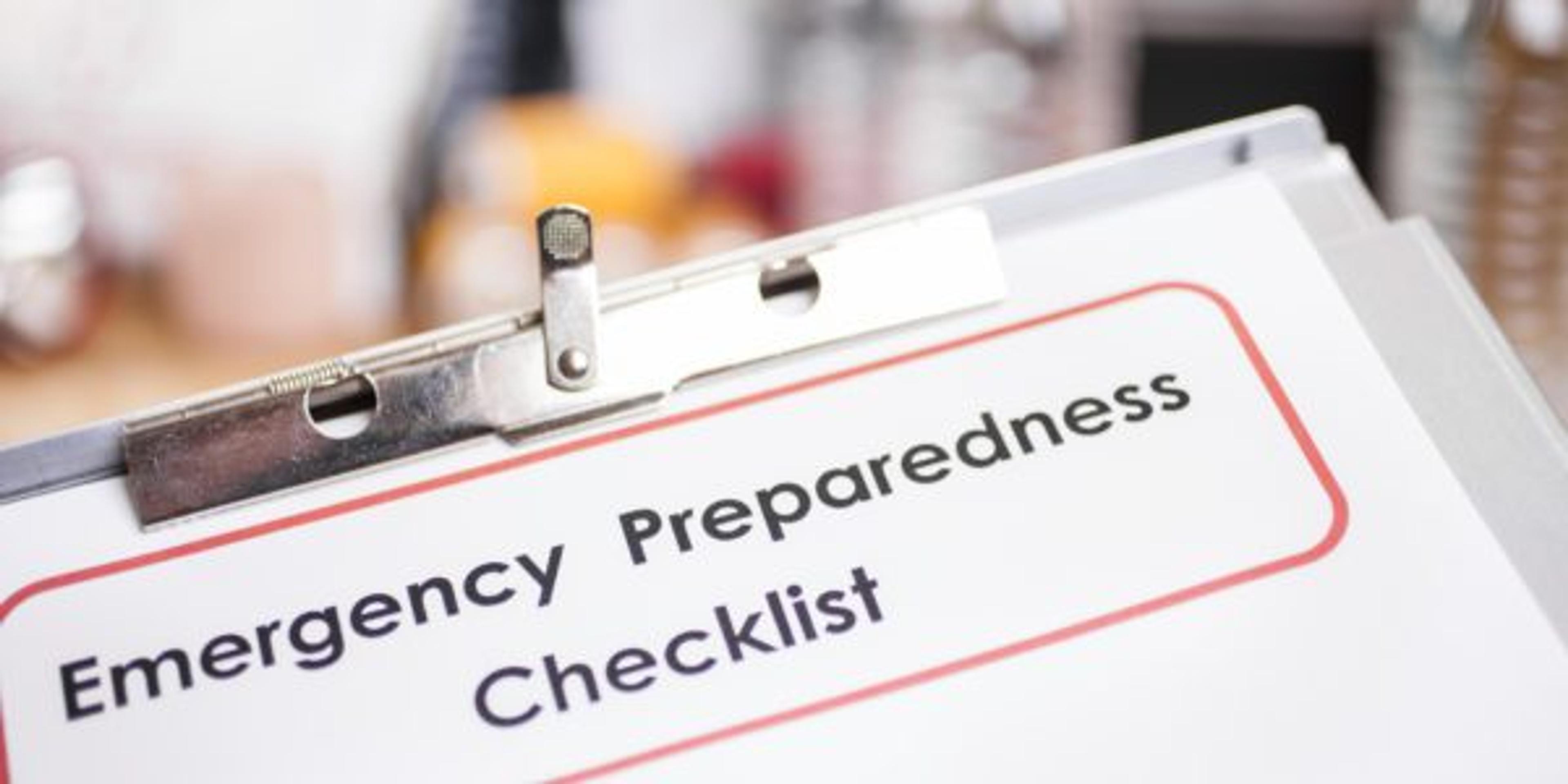 Emergency preparedness checklist and natural disaster supplies.