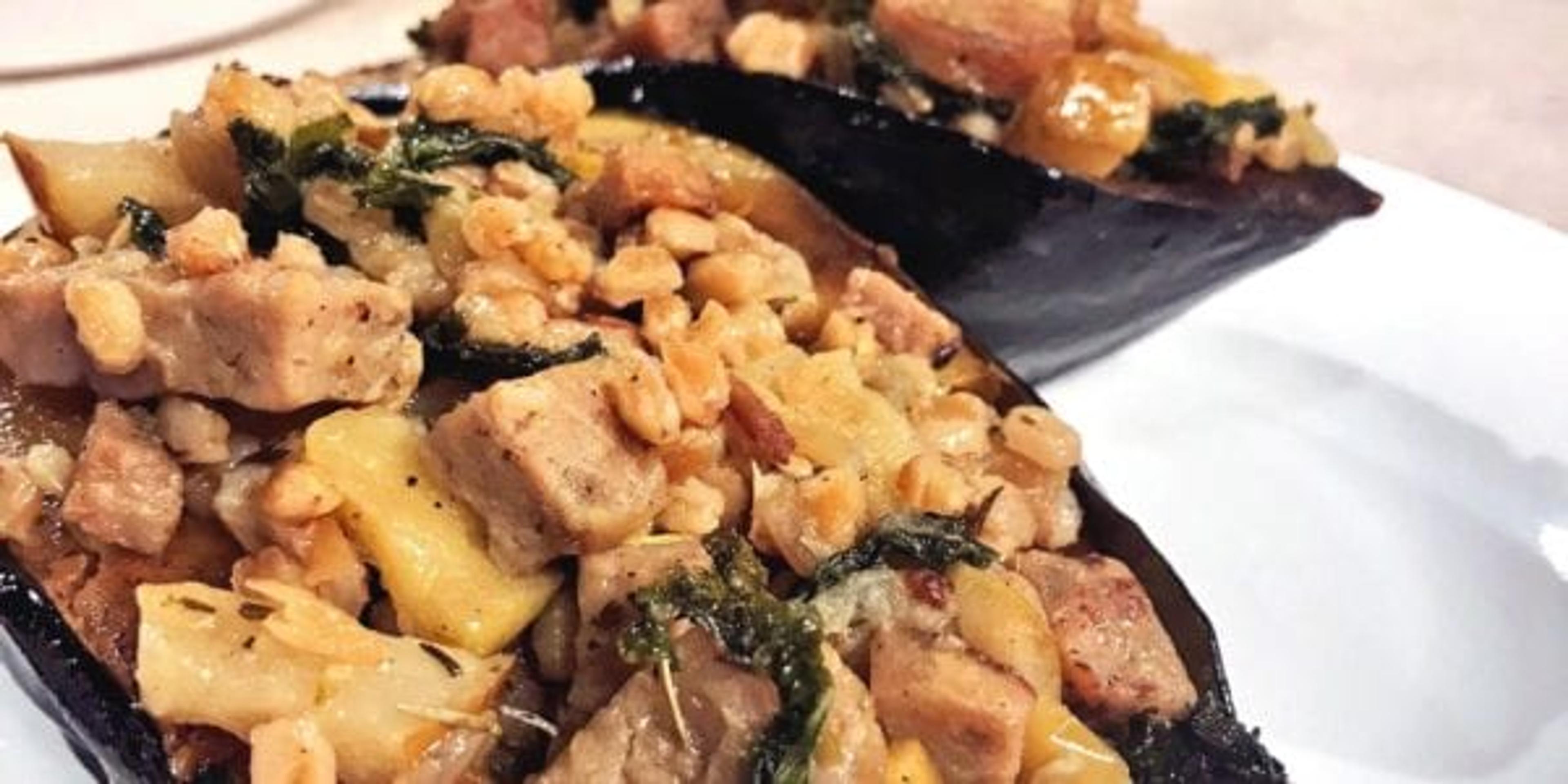 Apple, Spinach, Chicken Sausage and Farro Stuffed Acorn Squash