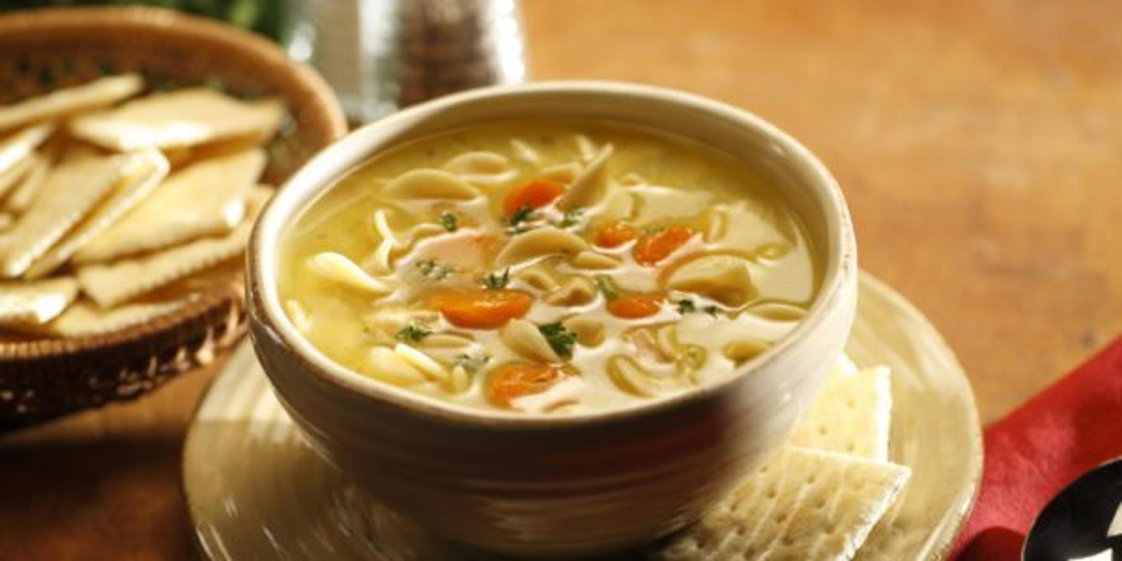 A bowl of chicken noodle soup.