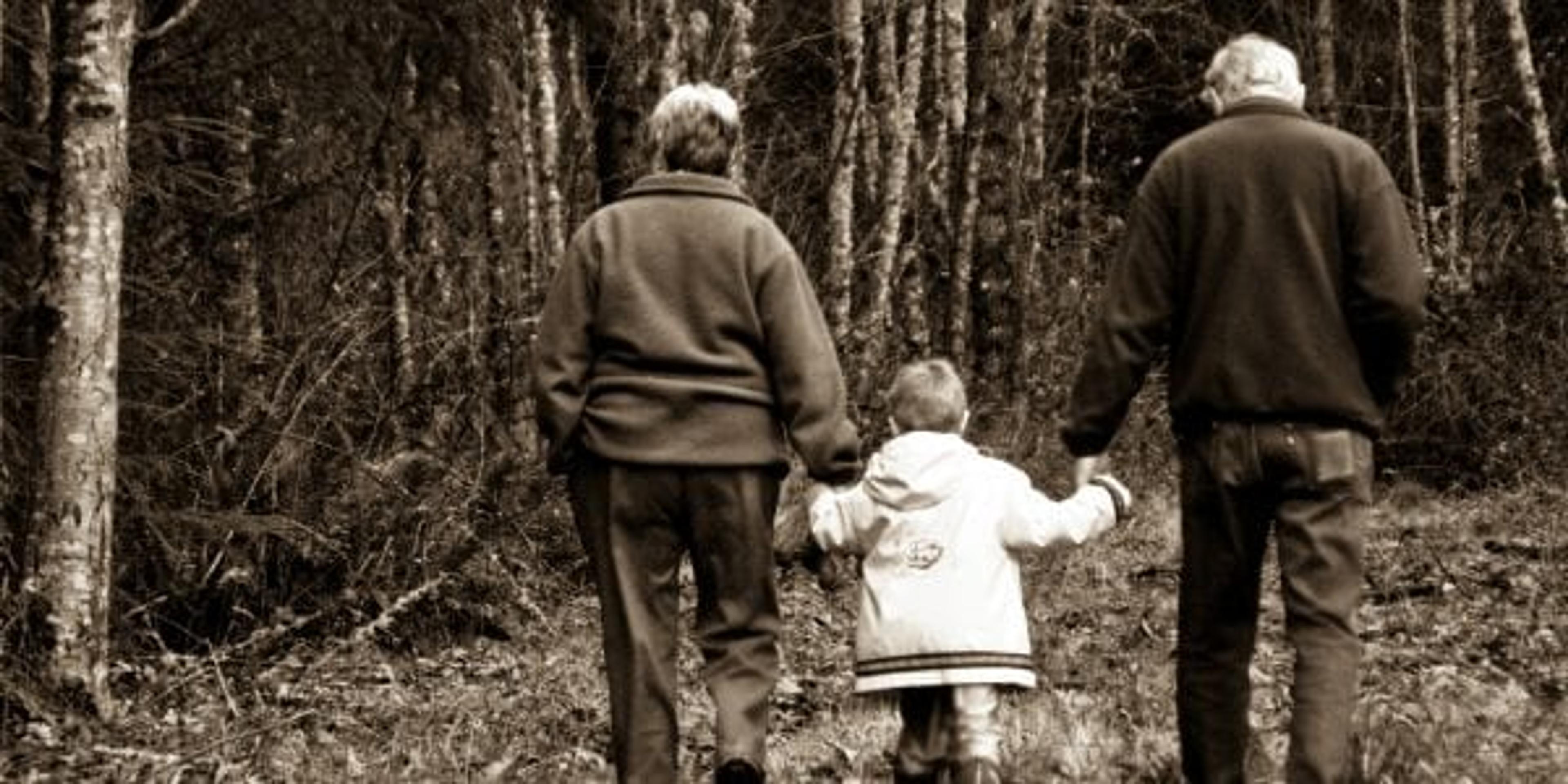 grandparents walk in woods