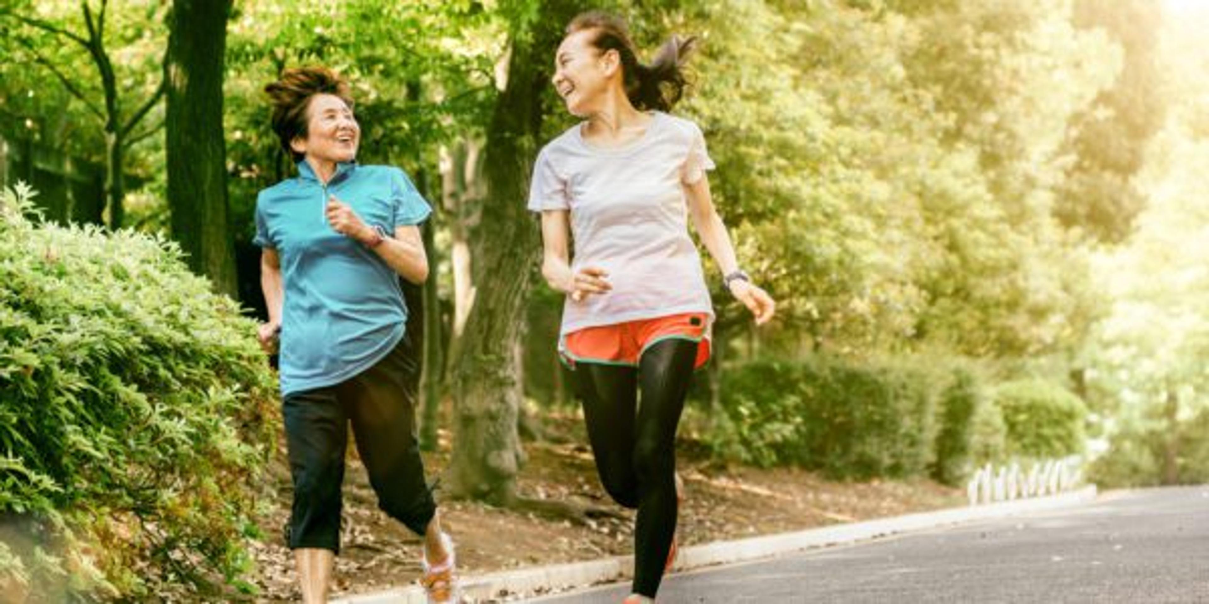Japanese senior women running in Yoyogi Park in Tokyo.