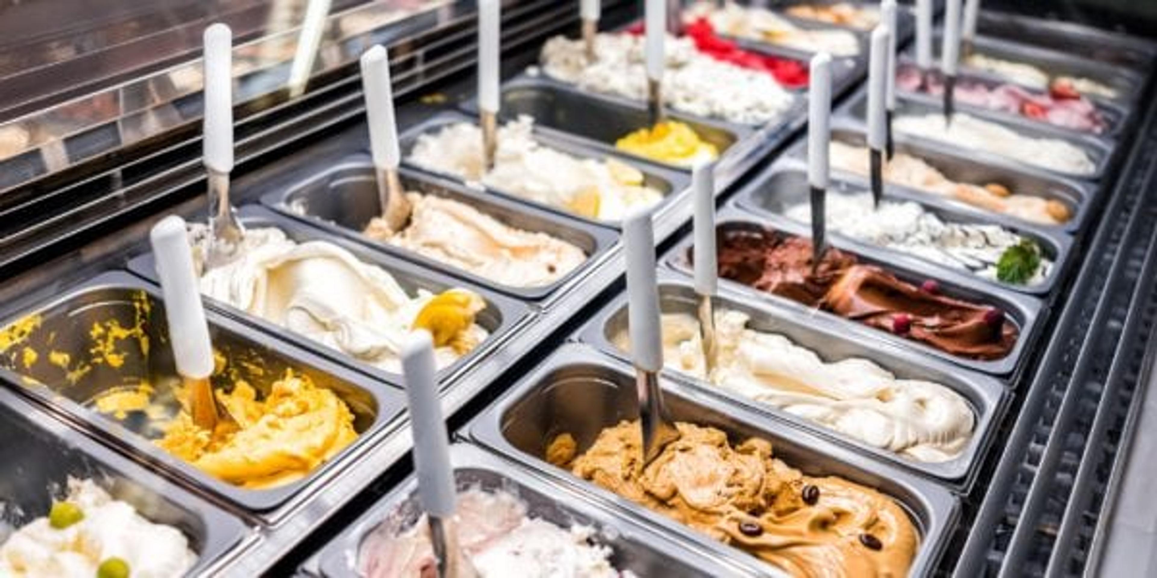 Gelato case filled with many flavors