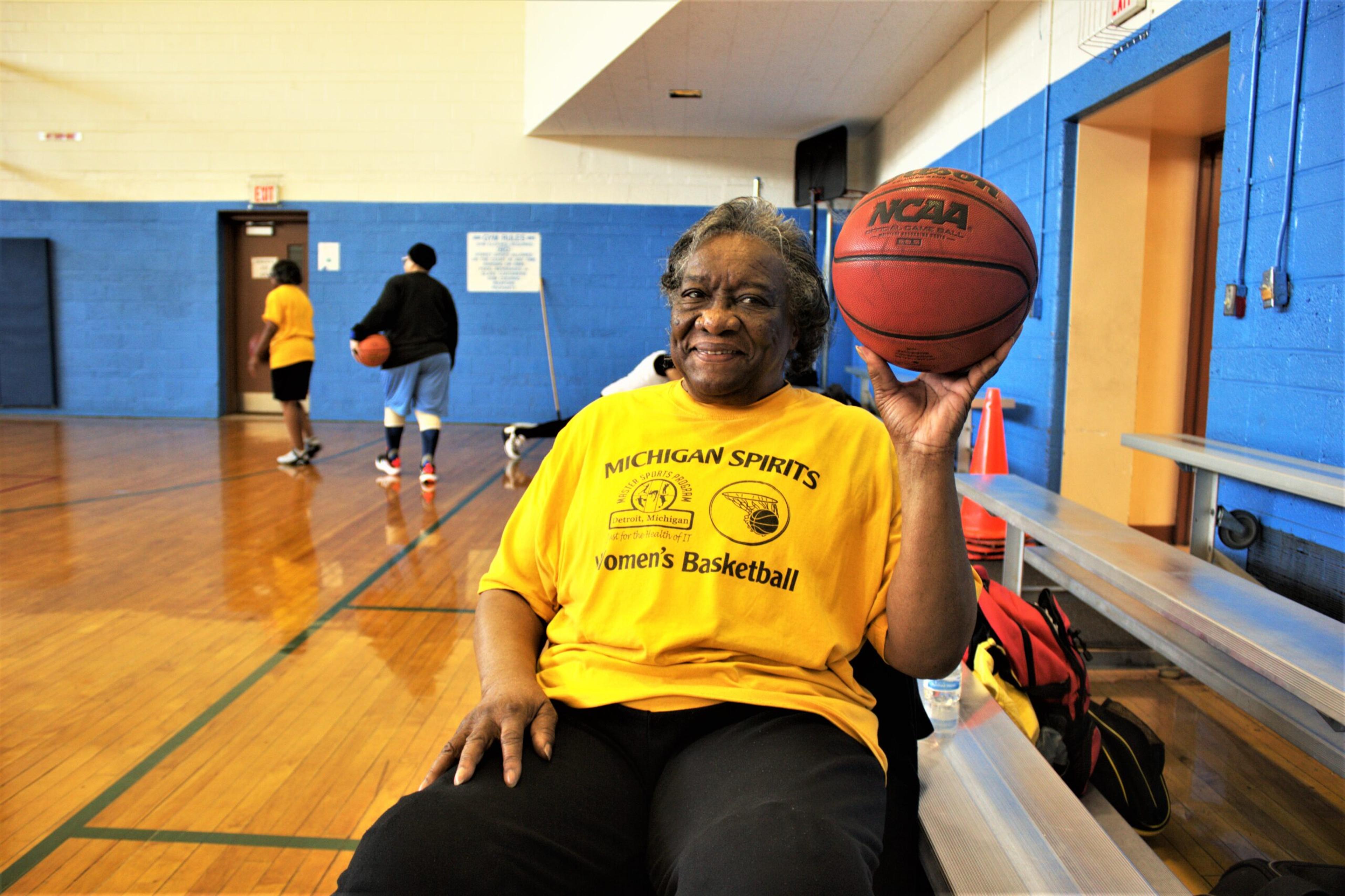 Edna Jones Allen, 81, of Detroit, poses for a photo at the Lasky Recreation Center. She co-founded the Michigan Spirits senior women's basketball team.