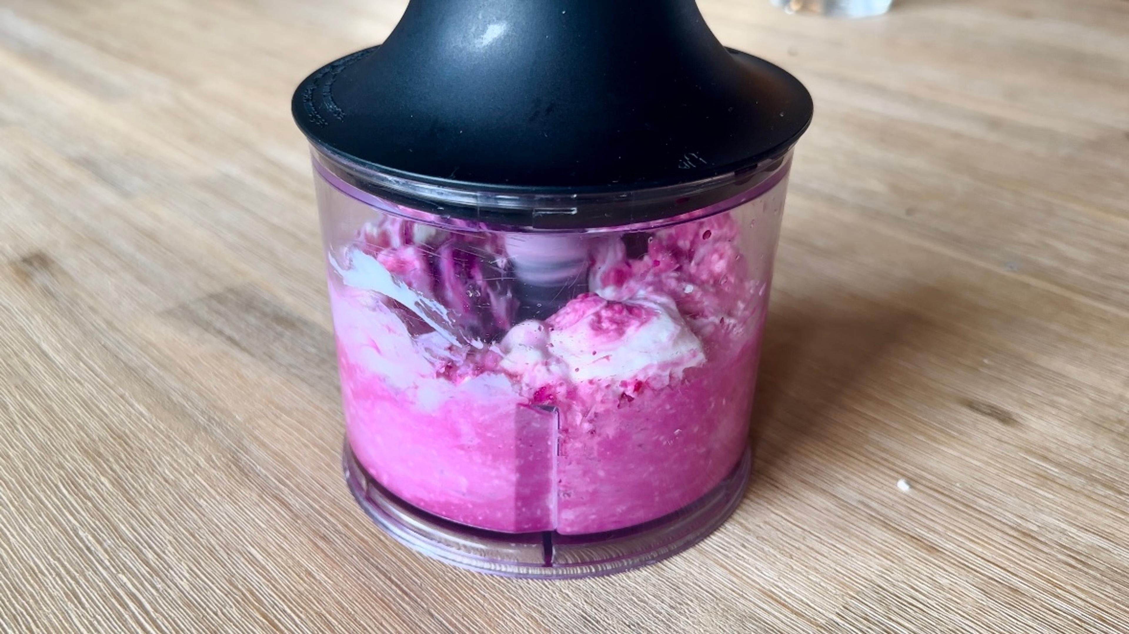 In a food processor or blender, add feta cheese, Greek yogurt, 2 roasted whole beets, beet juice, lemon juice, salt and pepper to taste. Add salt a little at a time since feta cheese is quite salty. Blend until smooth.