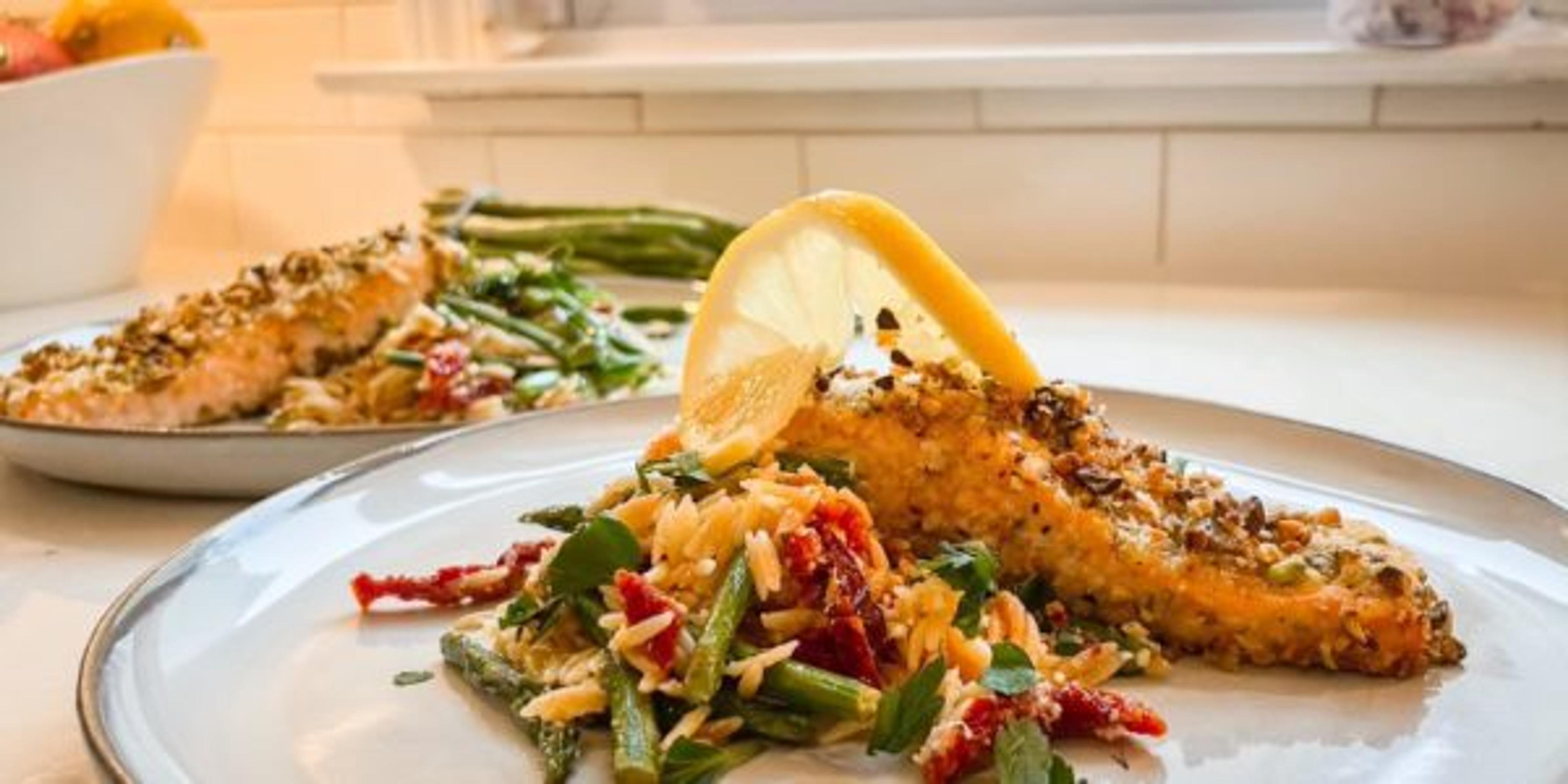 Pistachio-encrusted Salmon with Zesty Orzo and Asparagus