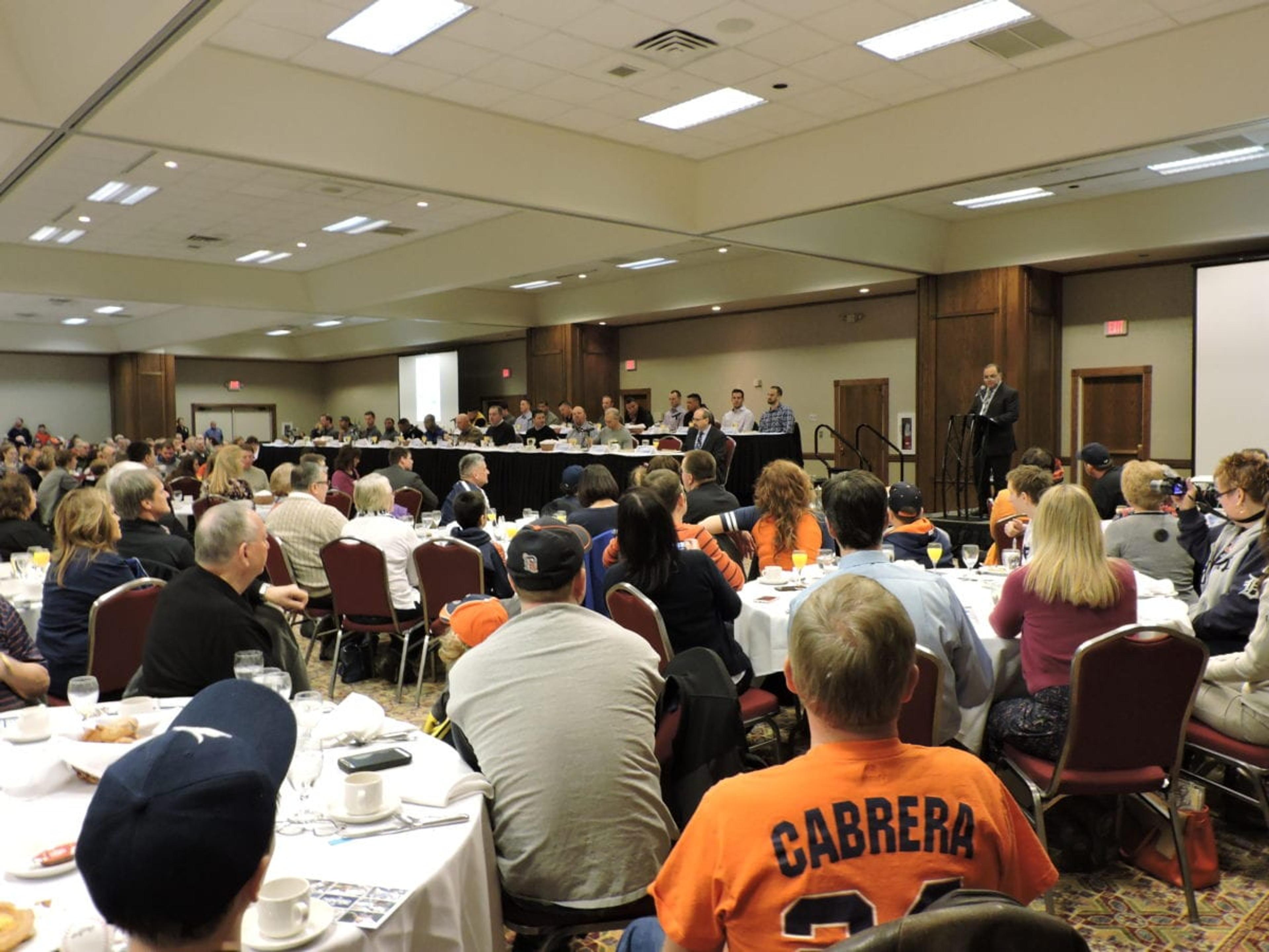 The breakfast crowd listens to Al Avila talk about Tigers players and prospects for the 2015 season.