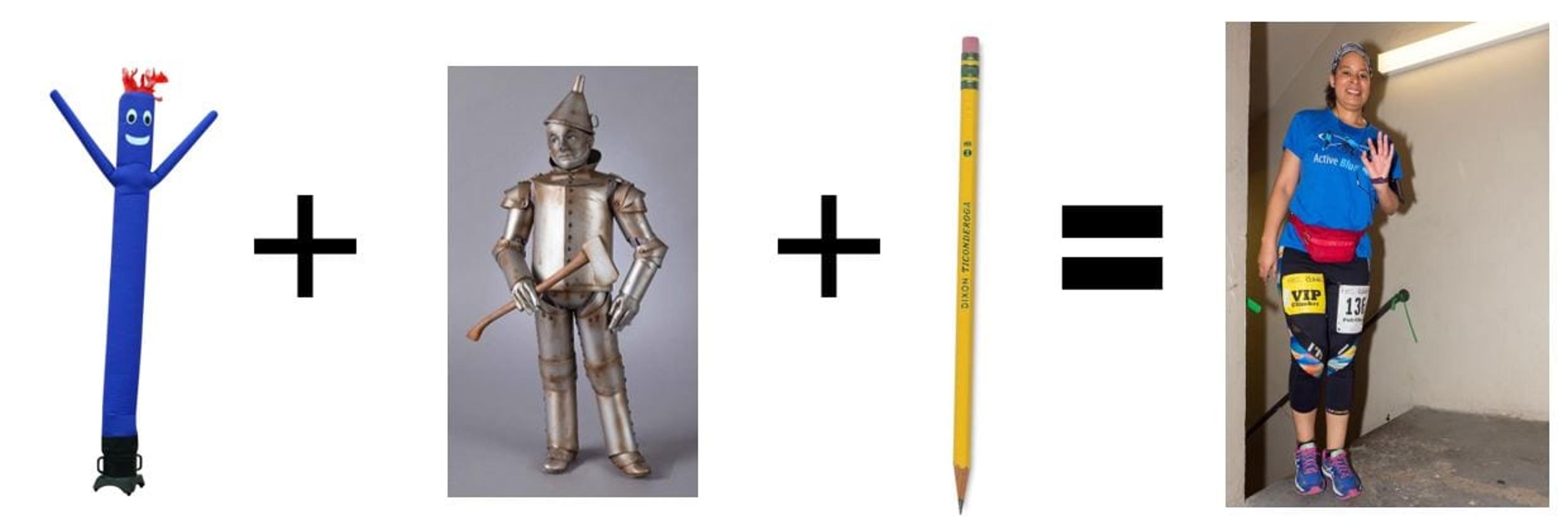 Images of an inflatable tube man, tin man and pencil, added up to equal the author, Maiya Hayes.