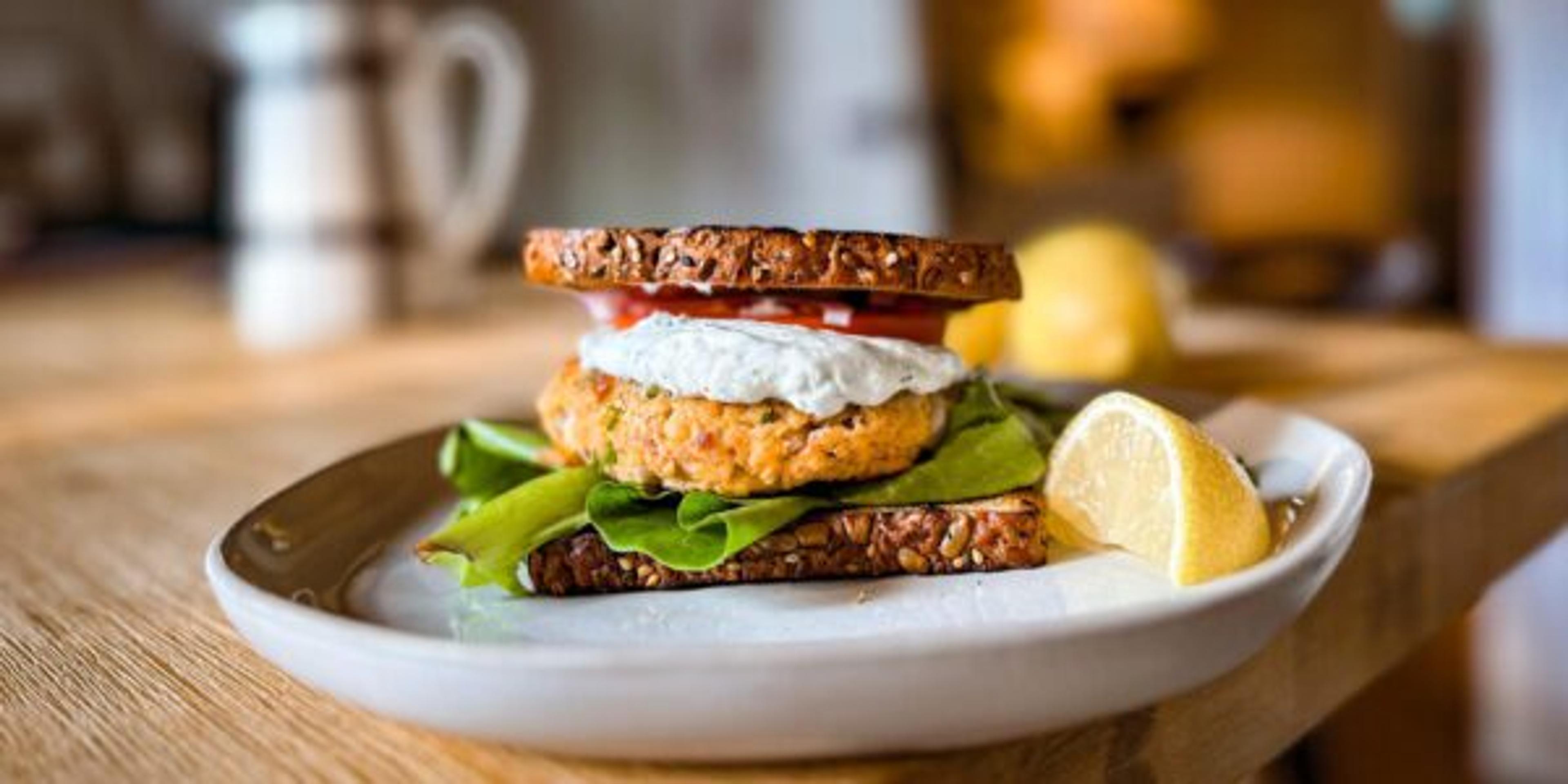 Salmon Burger with Lemon Dill Sauce Sandwich